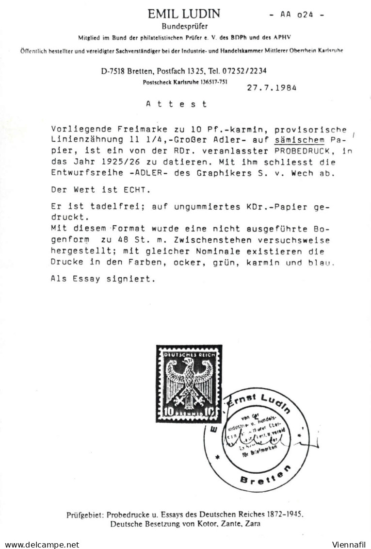 (*) 1925/26 Ca., Adler-Großformat Zu 10 Pfennig In Den Farben Ocker, Tiefblau, Karmin Und Grün Sind Essays Letzter Entwü - Otros & Sin Clasificación