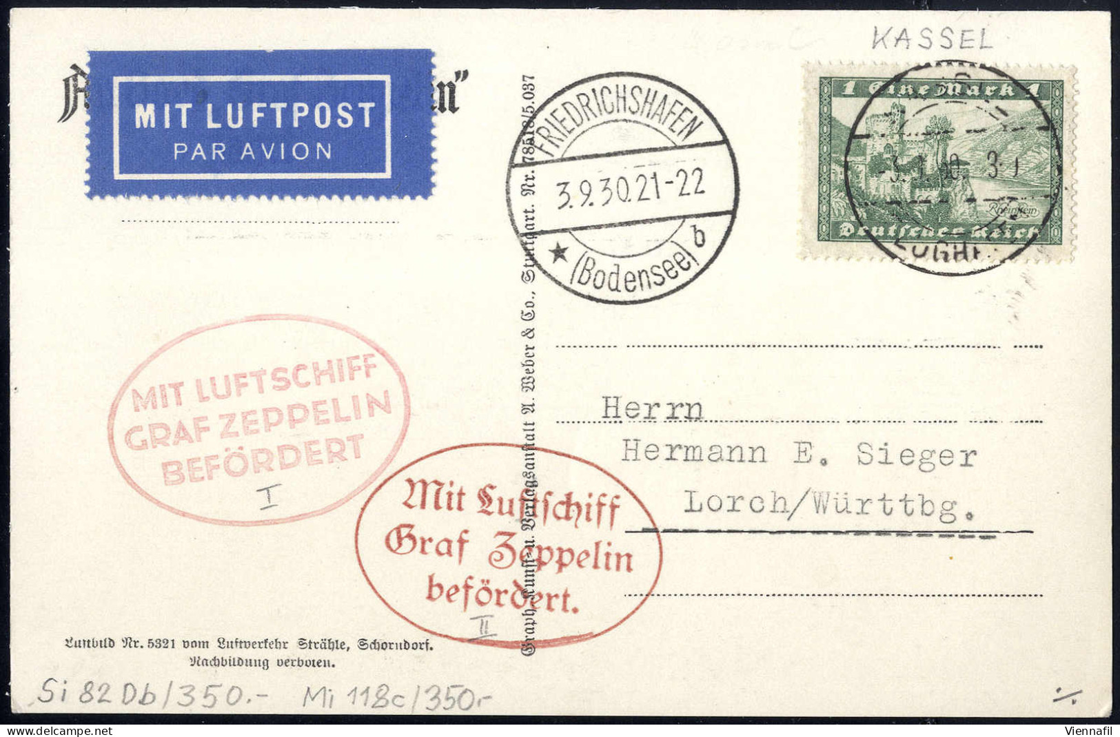 Cover 1930, Zeppelinkarte Von Kassel Am 3.9. Nach Lorch Frankiert Mit 1 RM Und Zeppelinbrief Der Fahrt Rund Um Die Ostse - Andere & Zonder Classificatie