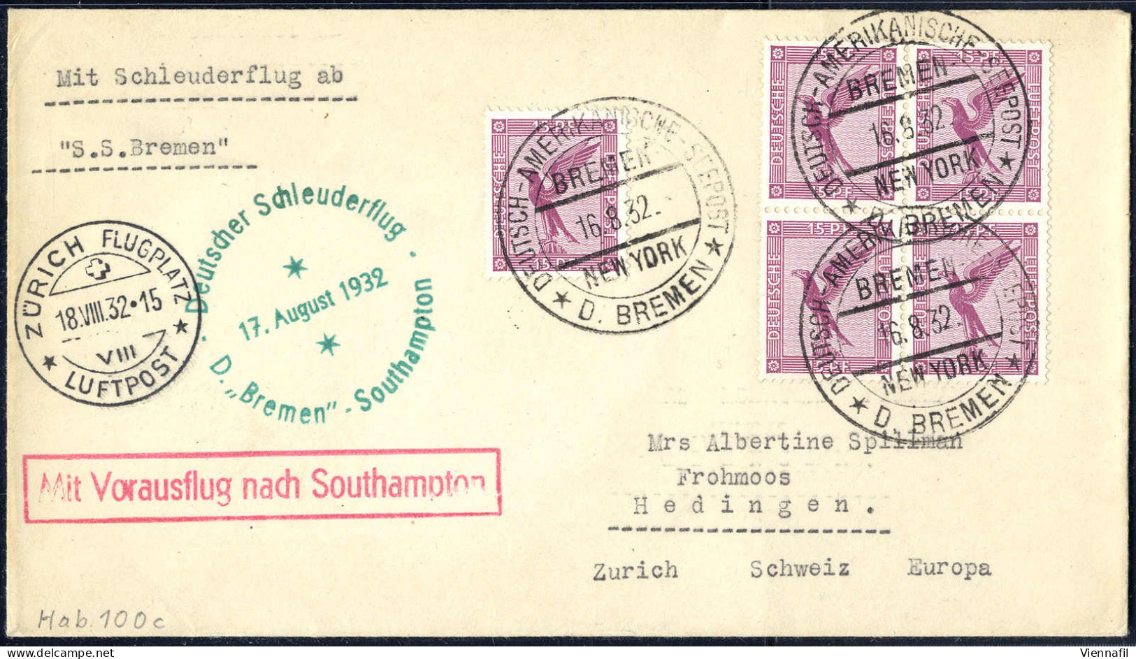 Cover 1932, Zwei Schleuderflugbriefe, Einer "Bremen-Southampton 17.8.1932" Nach Hedingen (Schweiz), Der Zweite Bremen-Ne - Autres & Non Classés