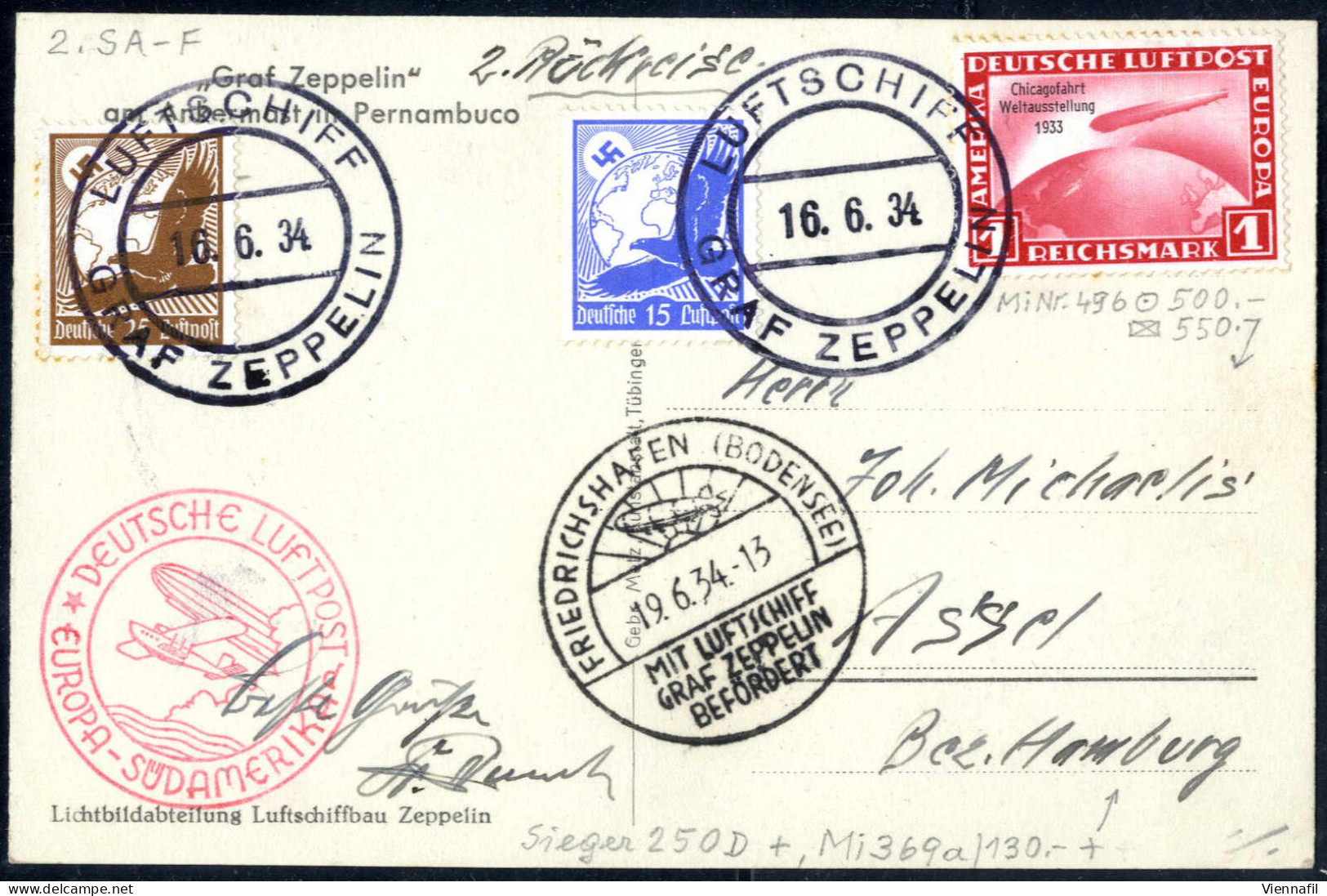 Cover 1934, 2. Südamerikafahrt, Zeppelin-Ansichtskarte Der Rückreise Vom 16.6. Mit Guter Frankatur (u.a. Mi. 496) Nach A - Sonstige & Ohne Zuordnung