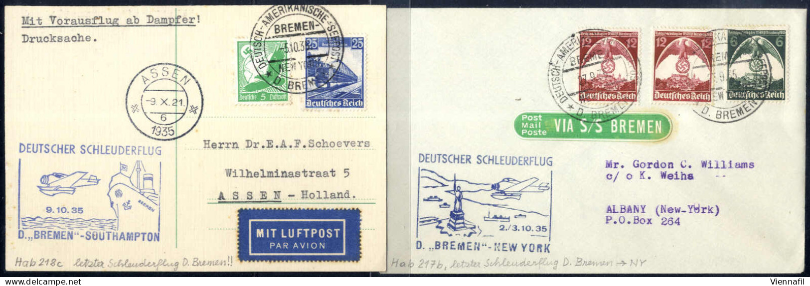 Cover 1935, Zwei Schleuderflugbelege Des Dampfers Bremen (letzter Schleuderflug), Hinfahrt Vom 2.10. Nach Albany (New Yo - Altri & Non Classificati