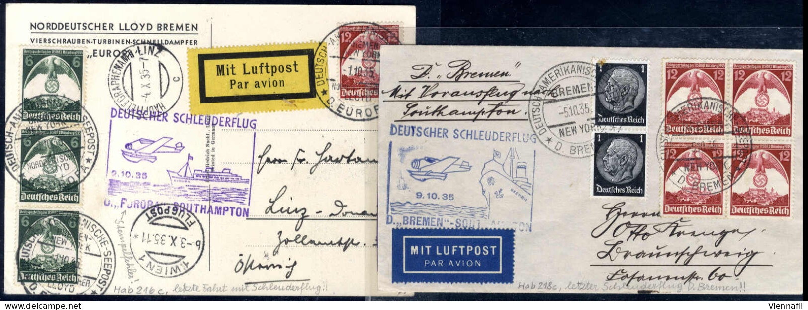 Cover 1935, Zwei Schleuderflugbelege, Einer Des Dampfers Europa (mit Stempelfehler F Statt E) Am 2.10. Nach Southampton  - Other & Unclassified