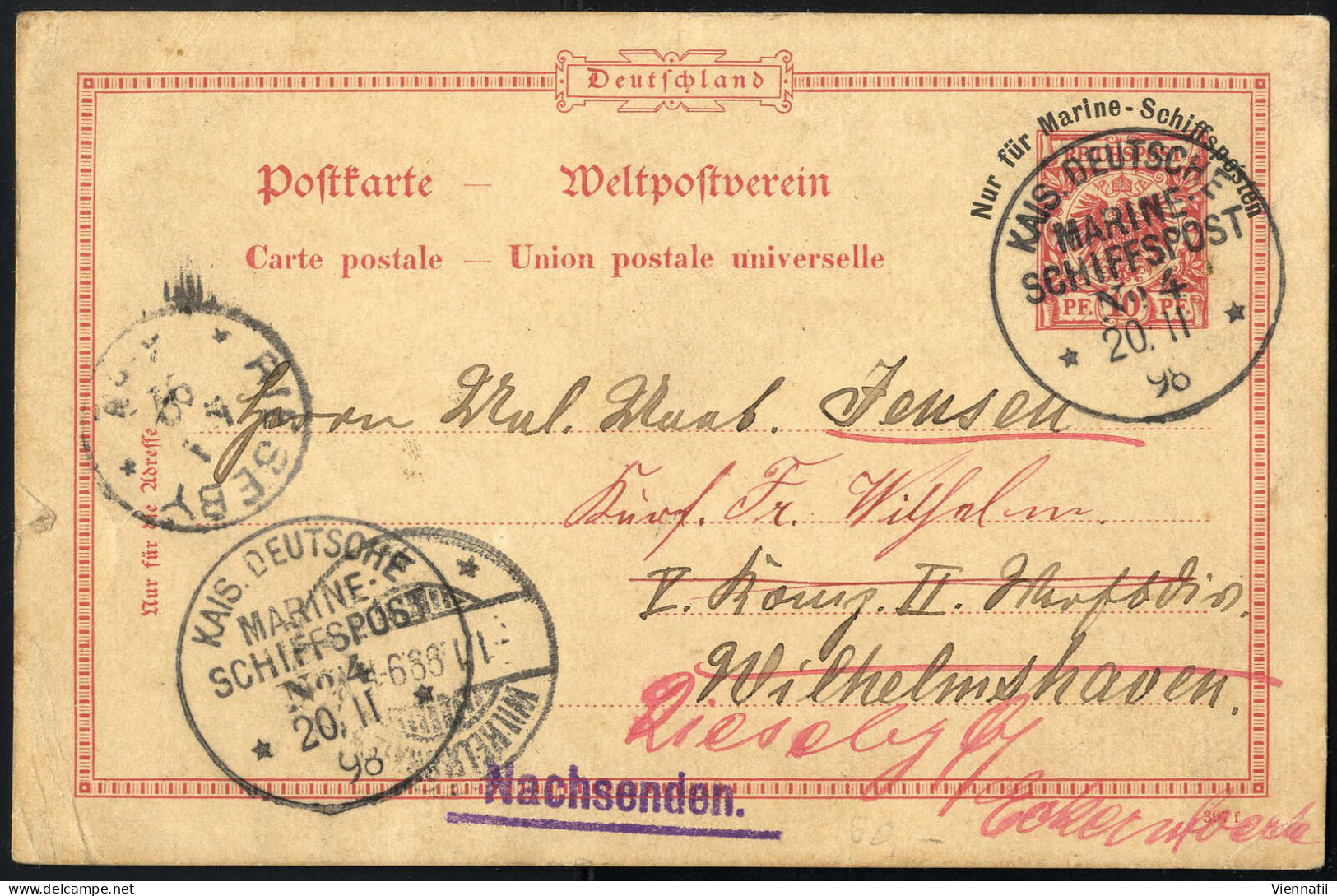 Cover "KAIS.DEUTSCHE MARINE-SCHIFFSPOST No 4, 20.II 98" 1898, Postkarte Mit Werteindruck 10 Pf. Rot Und Aufdruck "Nur Fü - Altri & Non Classificati