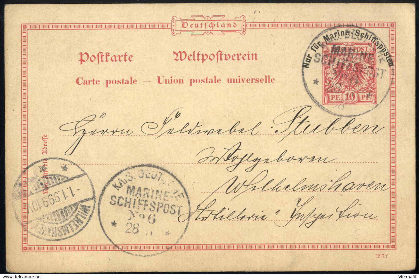 Cover "KAIS.DEUTSCHE MARINE-SCHIFFSPOST No 6, 28 VI" 1898, Postkarte Mit Werteindruck 10 Pf. Rot Und Aufdruck "Nur Für M - Cina (uffici)