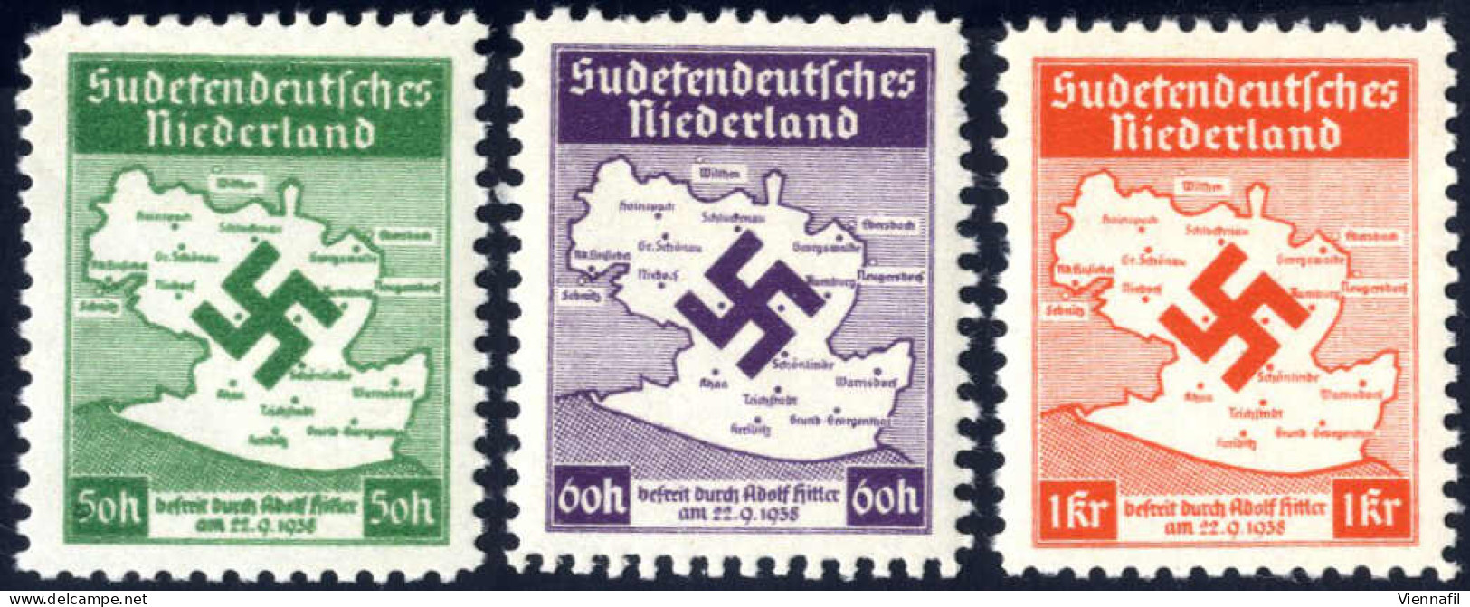** 1938, Sudetendeutsches Niederland, Nicht Verausgabte Marken, Komplette Serie 3 Werte Gez. 10, Mi. I-III A / 600,- - Sudetenland
