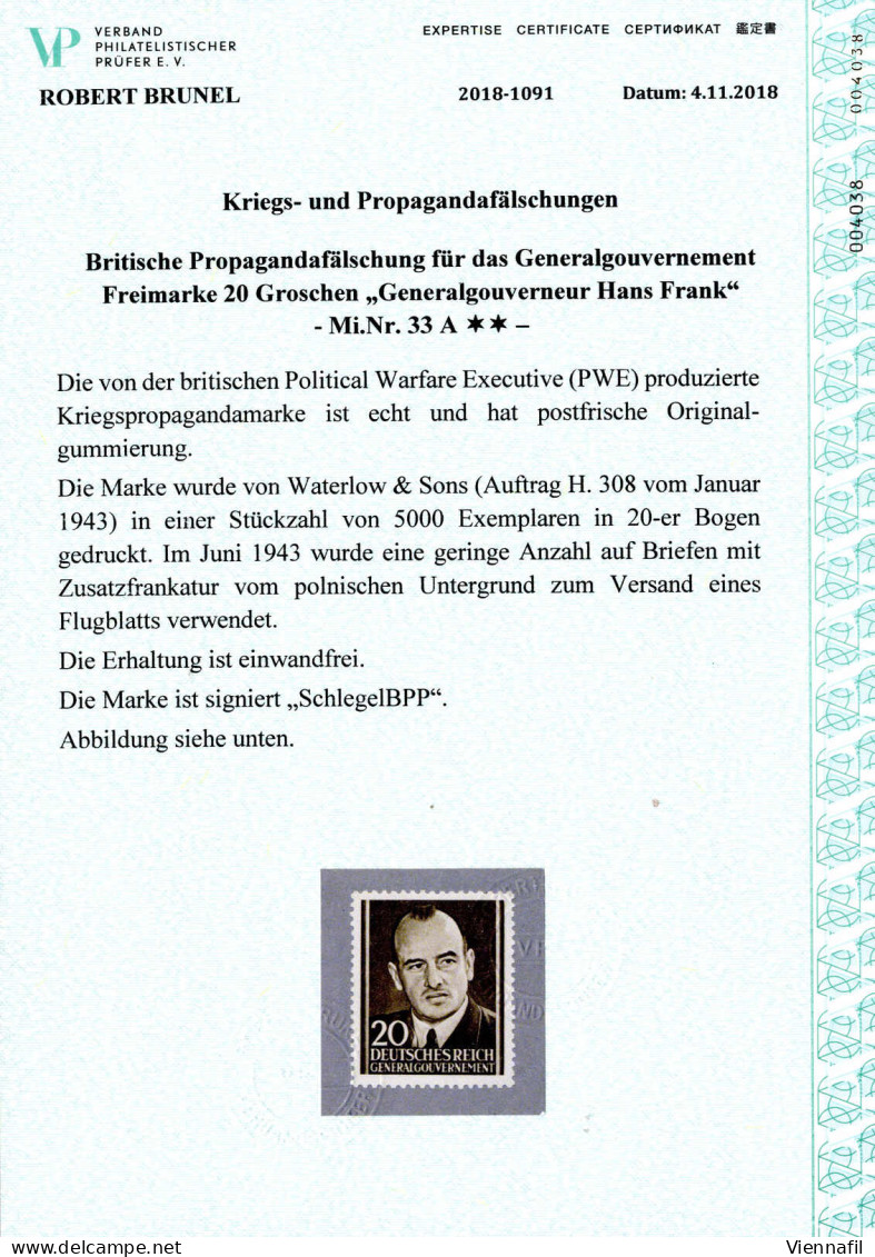 ** 1943, Hans Frank, 20 Gr. Dunkelolivbraun Gezähnt, Britische Fälschung Für Das Generalgouvernement, Postfrisch, Attest - Occupation 1938-45