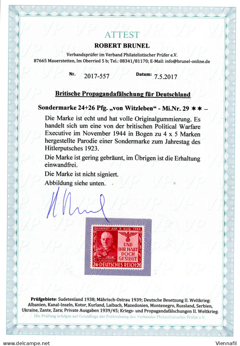 ** 1944, Erwin Von Witzleben, 24+26 Pf Dunkelbräunlichrot Gezähnt, Britische Fälschung Für Das Deutsche Reich, Postfrisc - Occupazione 1938 – 45