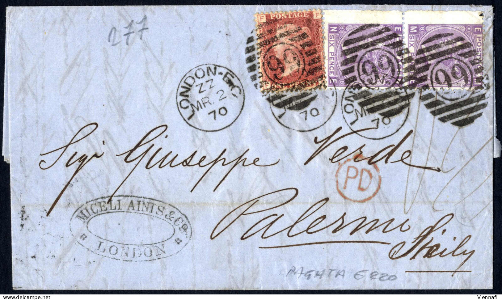 Cover 1870, Entire Lettersheet Dated 2.3.1870 From London To Palermo (Italy), Franked With 1 D. Rose-red And With A Vert - Autres & Non Classés