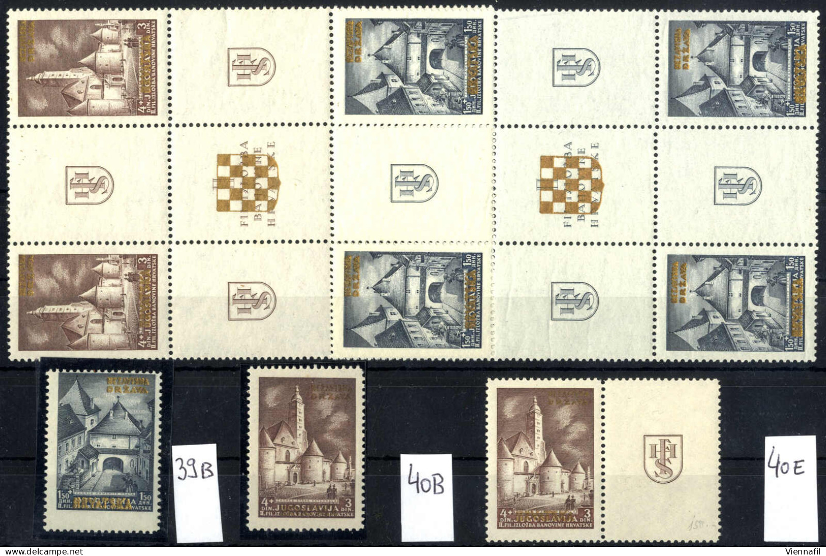 ** 1941, 1,50 + 1,50 D. Und 4 + 3 D. Herzstück Des Bogens Mit Vier Marken Und Wappen In Der Mitte (dabei Rechte Obere Ma - Croatia