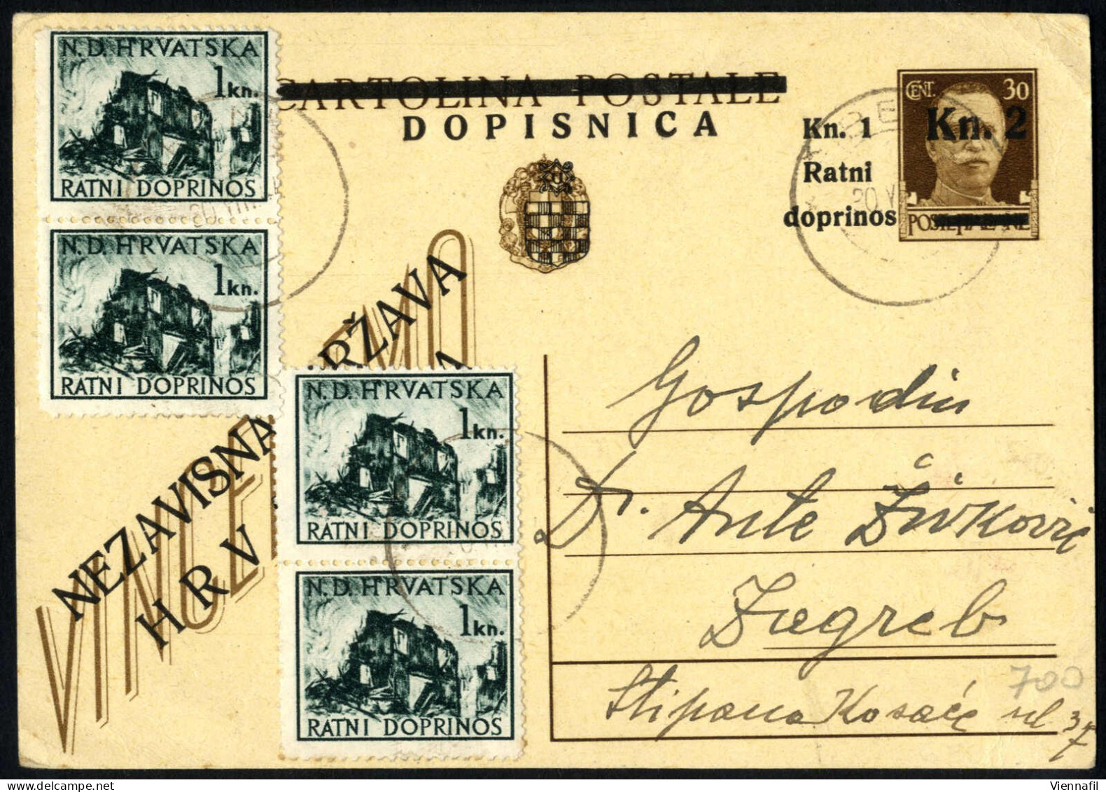 Cover 1944, Italienische Postkarte "VINCEREMO" Zu 30 Cent. Mit Aufdruck "DOPISNICA Und Neuem Wert "Kn. 2" Vom 30.8.1944  - Croatia