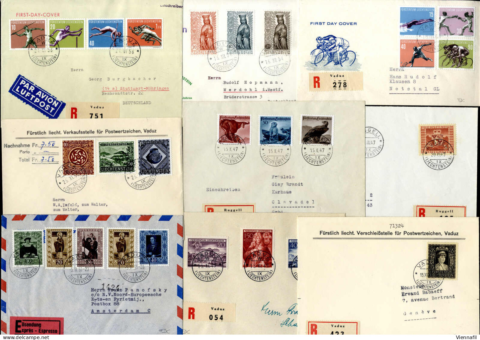 Cover 1947/58, 12 FDC, Davon 10 Als Reko, Einer Als Nachnahme Und Einer Als Expressbrie, Echt Gelaufen, Mi. Aus 252-368 - Other & Unclassified