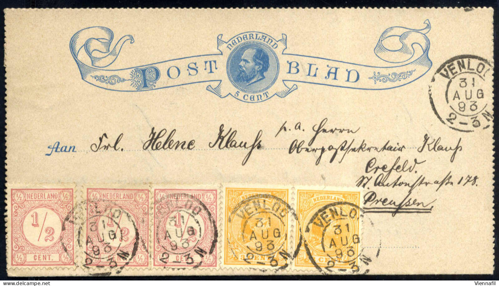 Cover 1893/95, Kartenbrief Zu 5 C. Von Venloo Am 31.8.93 Nach Crefeld Zufrankiert Durch Drei Ziffer ½ C. Rosa Und Zwei 3 - Autres & Non Classés