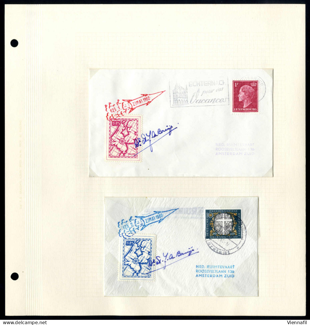 **/cover 1935/1960, 14 Kleinbögen zu je 4 Raketenpostmarken postfrisch, dazu 6 Briefe, teils signiert Adam de Brujn, daz