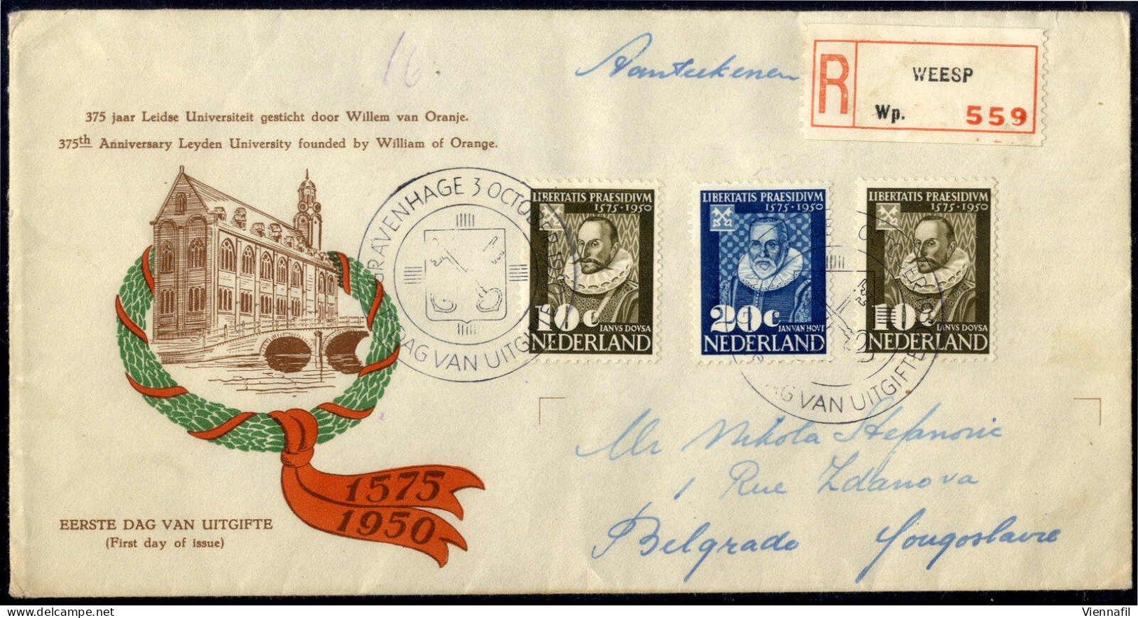 Cover 1950, Universität Leiden, Eingeschriebener Brief Von `s Gravenhage Am 3.10. Nach Belgrad Frankiert Mit Kompletter  - Autres & Non Classés