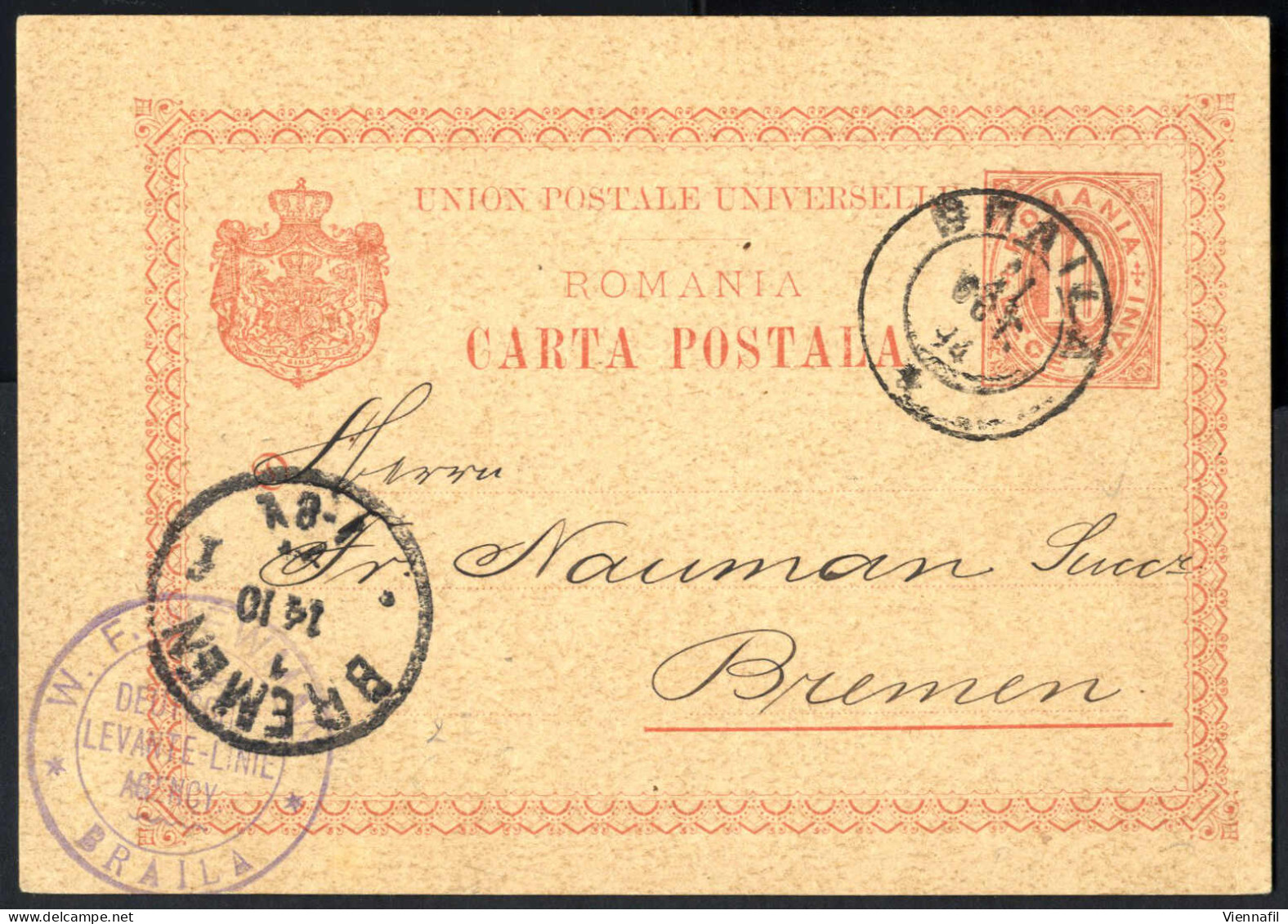 Cover 1894, Postkarte Mit Werteindruck 10 Bani Rot Vom 31.10.1894 Von BRAILA Nach Bremen, Gestempelt Mit "BRAILA, 31 OCT - Andere & Zonder Classificatie