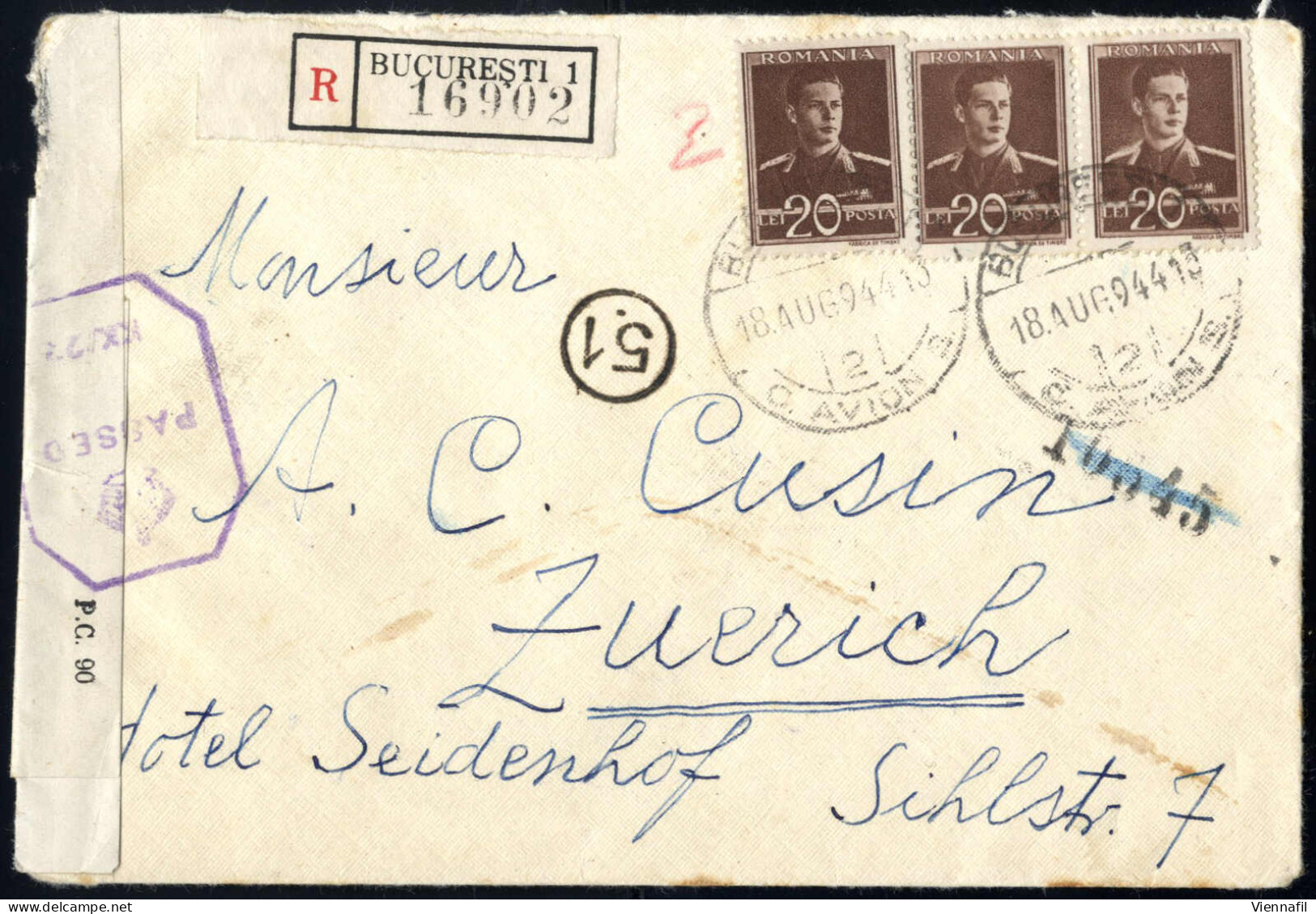 Cover 1944, Rekommandierter Brief Vom 18.8.1944 Von Bukarest Nach Zürich, Frankiert Mit Einem Paar Und Einem Einzelstück - Other & Unclassified
