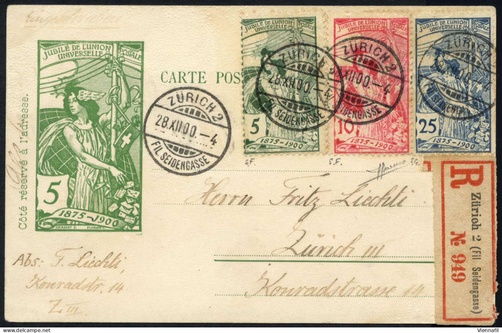 Cover 1900, Rekommandierte UPU-Ganzsache Mit Werteindruck 5 (rp.) Grün Mit Zusatzfrankatur 5 Rp. Grün + 10 Rp. Anilinros - Autres & Non Classés