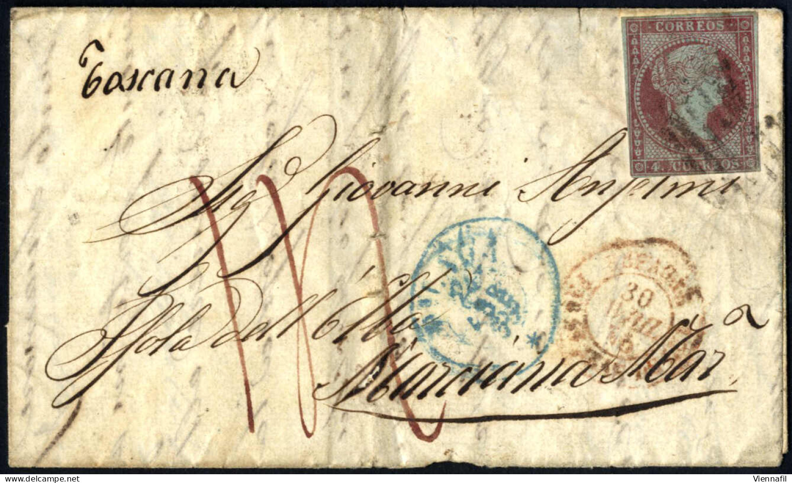 Cover 1855, Letter Dated 24 April 1855 From Malaga Via France To Marciana Marina, Franked To The French Border With 4 Qu - Toscane