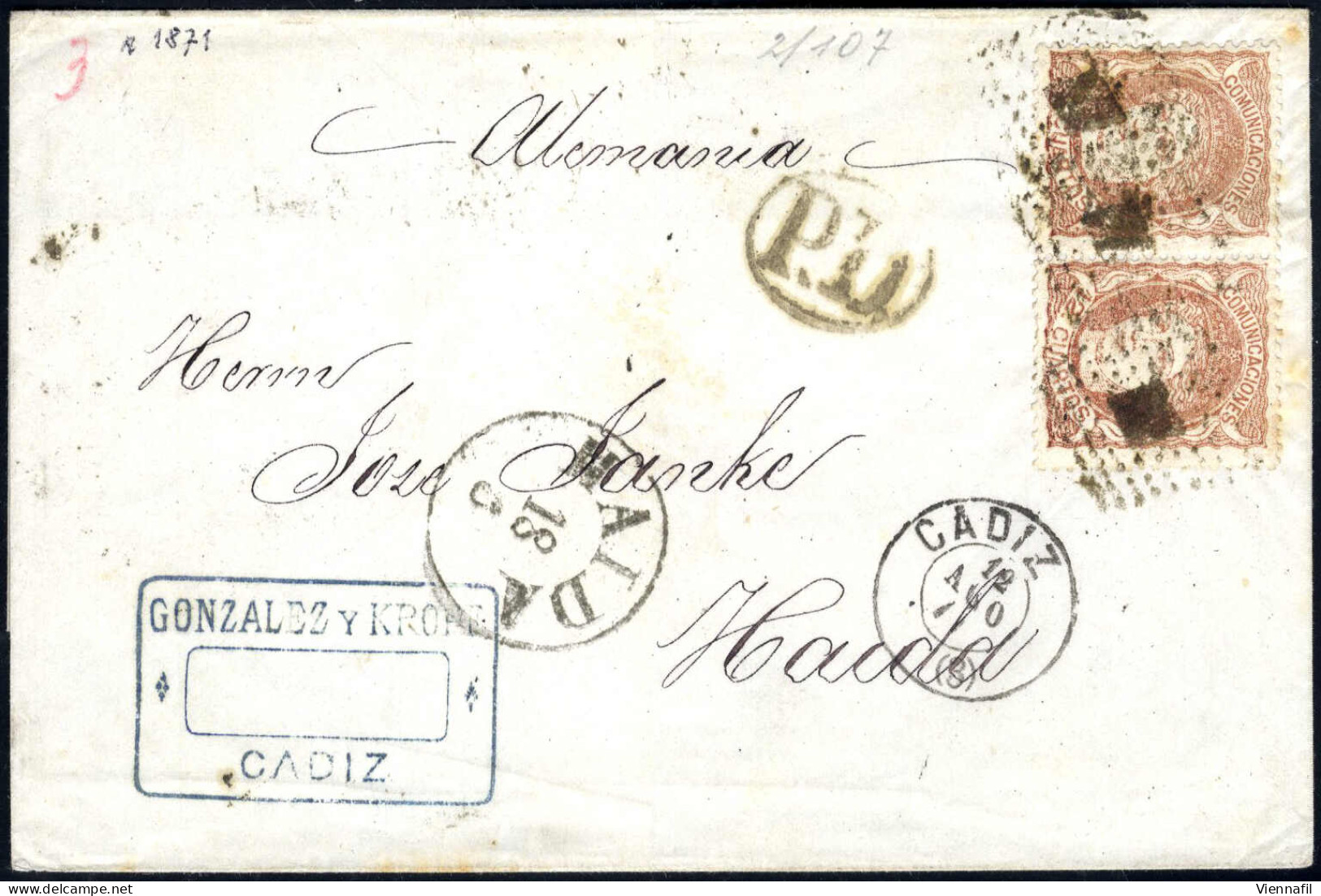 Cover 1871, Letter Dated 12.8.1871 From Cadiz To Haida (Germany), Franked With A Horizontal Pair 12 C. Red-brown, Tied W - Altri & Non Classificati