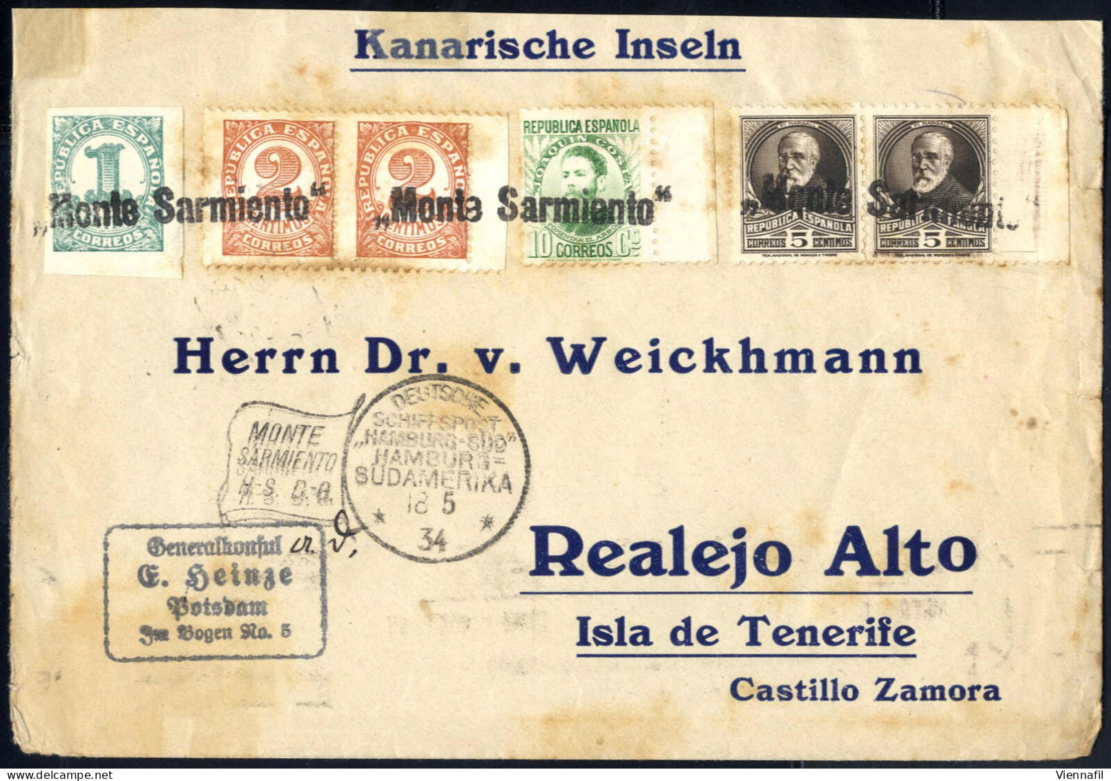 Pair 1934, Zwei Briefe Und Zwei Postkarten Frankiert Mit Spanischen Briefmarken Und Transportiert Mit Dem Dampfschiff "M - Other & Unclassified