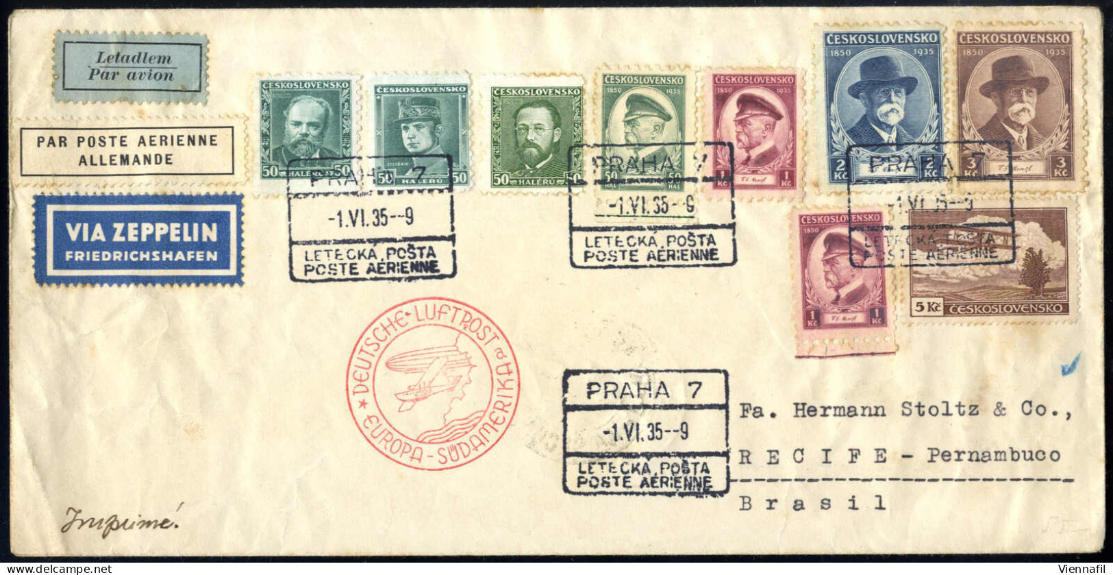 Cover 1935, Prag, Zeppelin-Mitläufer; Frankiertes Kuvert Mit Sonderstempel "DEUTSCHE-LUFTPOST EUROPA-SÜDAMERIKA", Mit Au - Otros & Sin Clasificación