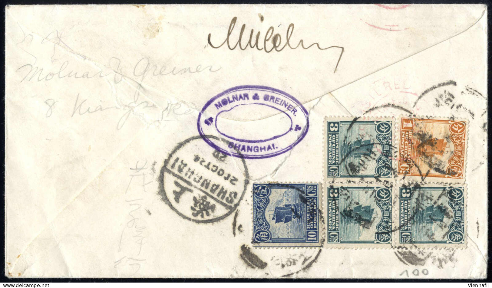 Cover 1924, Rekommandierter Brief Vom 20.10.1924 Von Shanghai Nach Wien, Rückseitig Frankiert Mit 1 C. Orange + 3 X 3 C. - Other & Unclassified
