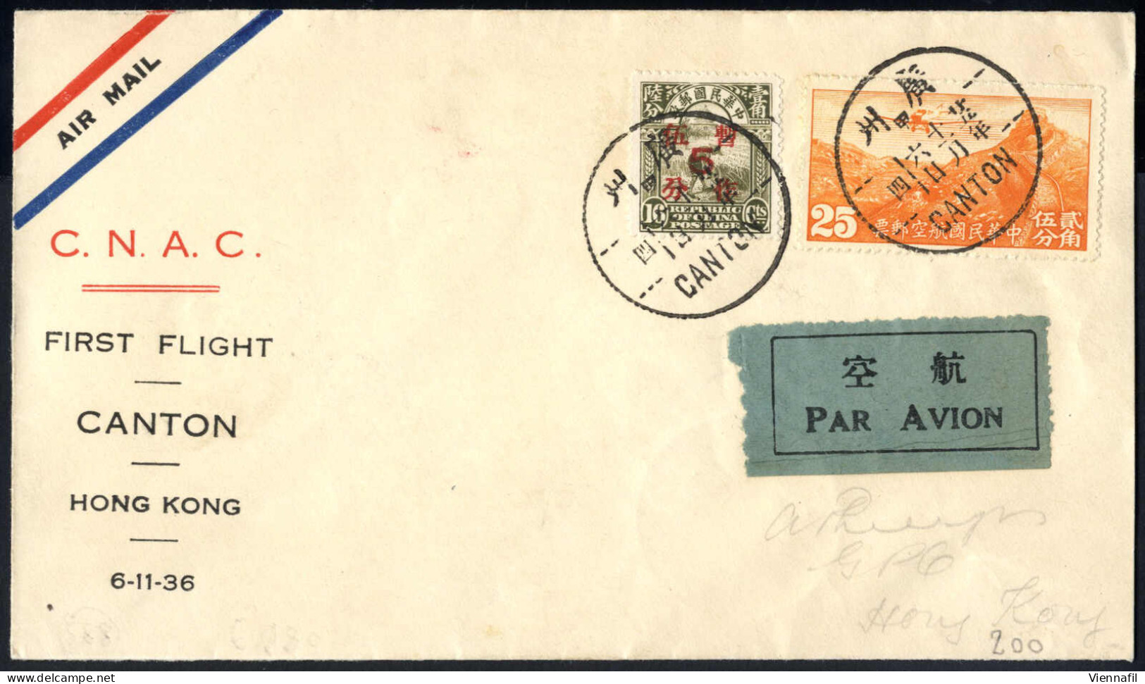 Cover 1936, Erstflug Canton-Hongkong: Luftpostbrief Vom 6.11.1936 Von Canton Nach Hongkong, Frankiert Mit 5 C. Auf 16 C. - Altri & Non Classificati