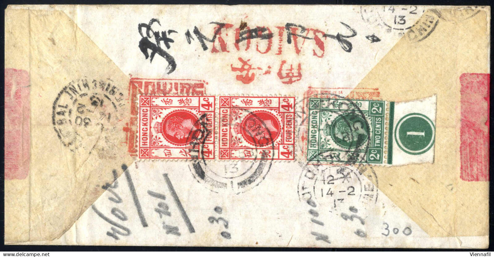 Cover 1913, "Rotbandbrief" Vom 11.2.1913 Von Hongkong Nach Saigon, Rückseitig Frankiert Mit 2 C. Blaugrün Und Einem Senk - Other & Unclassified