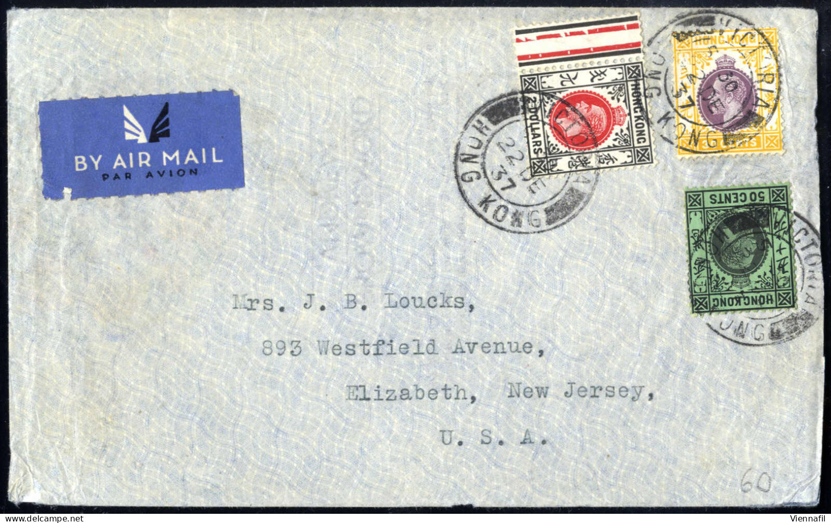 Cover 1937, Airmail Letter Dated 22.12.1937 From Victoria-Hongkong To Elizabeth, New Jersey (USA), With Three Colour Fra - Sonstige & Ohne Zuordnung