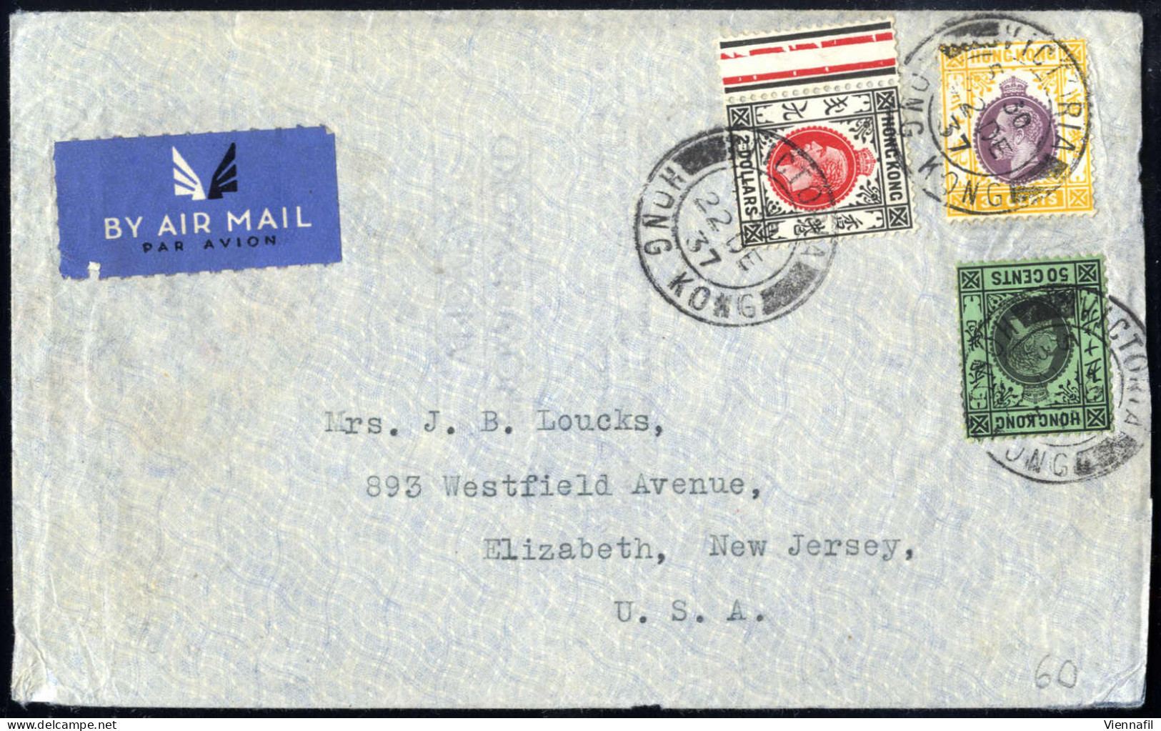 Cover 1937, Airmail Letter Dated 22.12.1937 From Victoria-Hongkong To Elizabeth, New Jersey (USA), With Three Colour Fra - Other & Unclassified