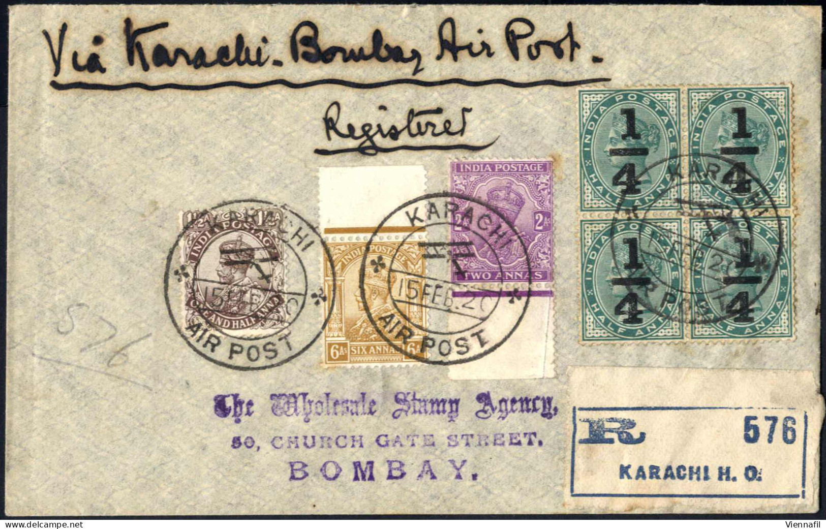 Cover 1920, Rekommandierter Luftpostbrief Vom 15.2.1920 Von Karachi Nach Bombay, Frankiert Mit 1 1/2 A. Dunkelbraun, 2 A - Altri & Non Classificati