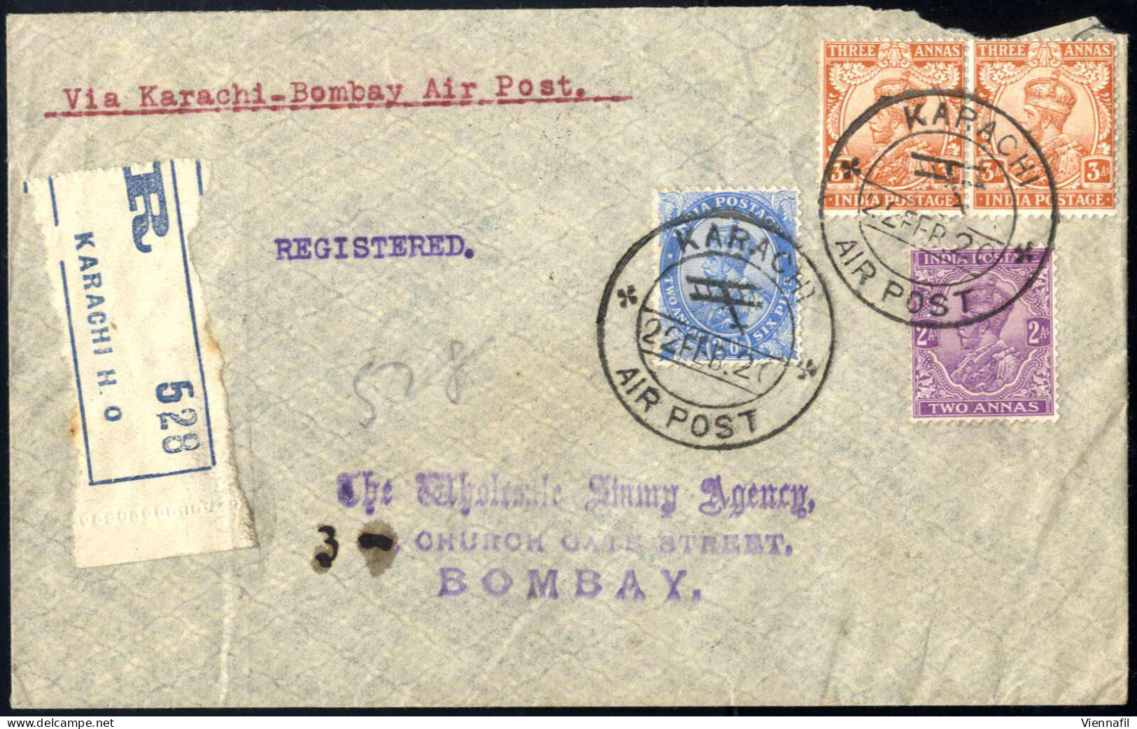 Cover 1920, Rekommandierter Luftpostbrief Vom 22.2.1920 Von Karachi Nach Bombay, Frankiert Mit 2 A. Lila + 2 A. 6 P. Bla - Altri & Non Classificati
