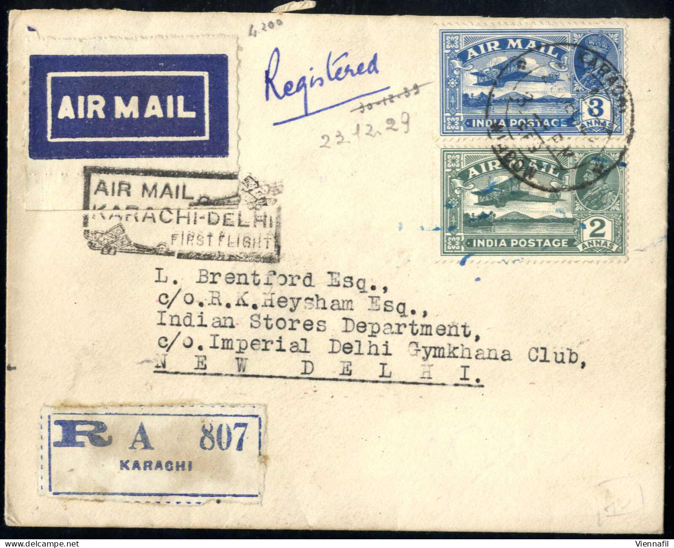 Cover 1929, Rekommandierter Luftpostbrief Vom 28.12.1929 Von Karachi Nach Neu Delhi, Frankiert Mit 2 A. Blaugrün Und 3 A - Altri & Non Classificati