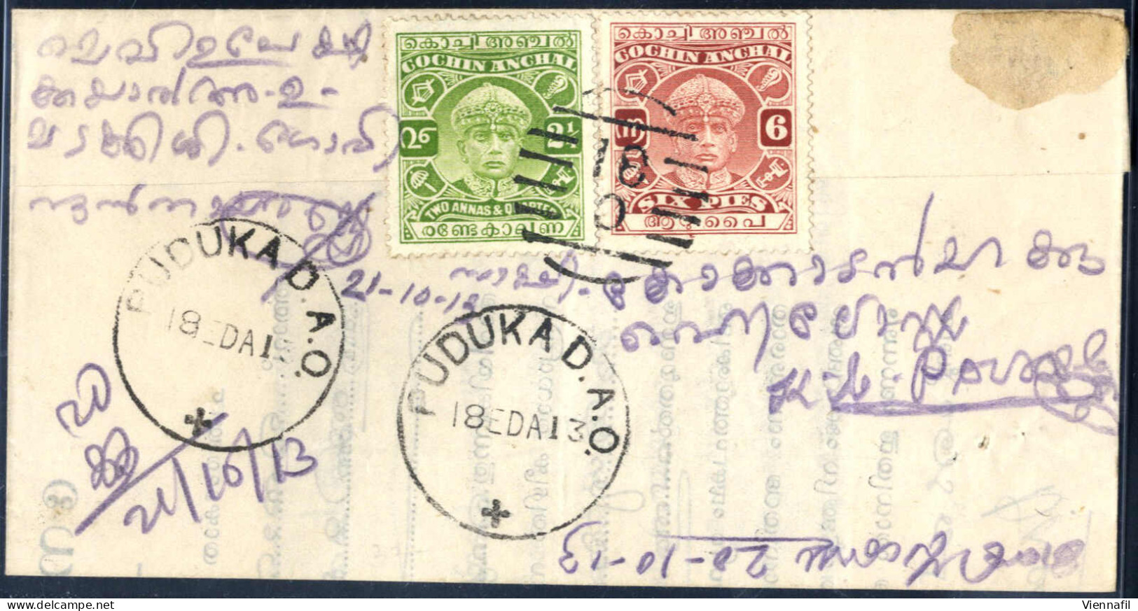 Cover 1933/38, Eingeschriebener Brief Nach Puddukad Rückseitig Frankiert Mit "Sri Rama Varna" Zu 6 P. Braunrot Und 4 ¼ A - Autres & Non Classés