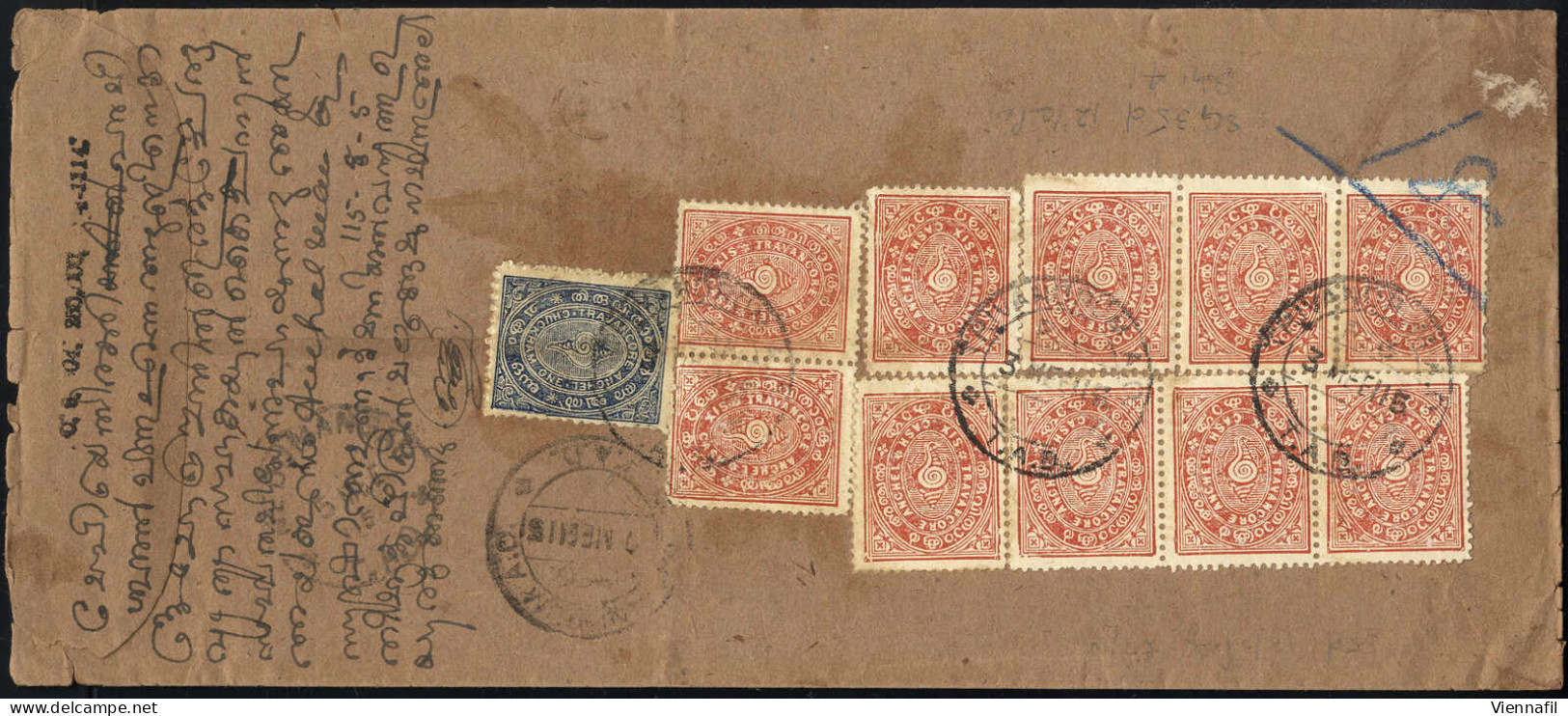 Cover 1924, Registered Letter From Trivandrum Franked On Reverse With 10 Pieces Of 6 Ca. Brown Red Perf. 12 ½ And One Pi - Other & Unclassified