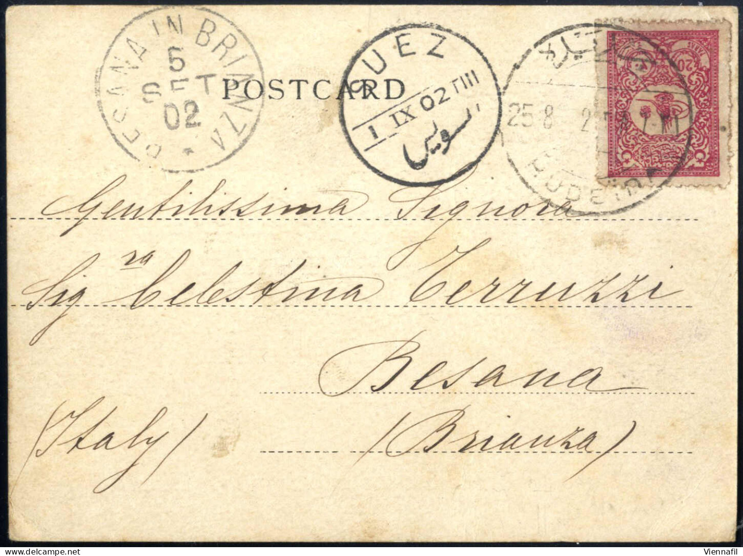 Cover 1902, Postkarte Vom 25.8.1902 Von Rodenda über Suez Nach Besana In Brianza (Italien), Frankiert Mit Türkei 20 Pa.  - Andere & Zonder Classificatie