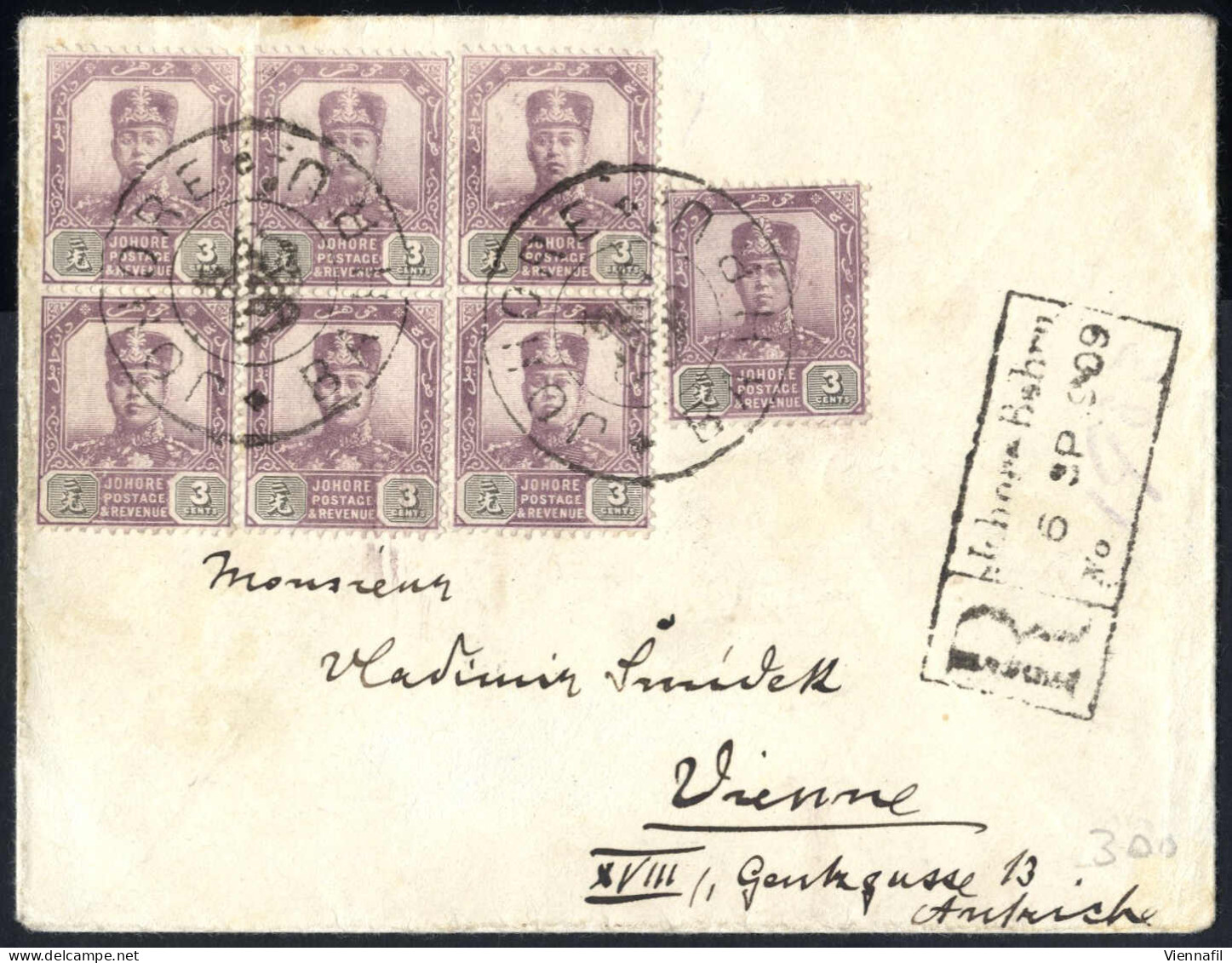 Cover 1909, Rekommandierter Brief Vom 6.9.1909 Von Johore Bahru Nach Wien, Frankiert Mit Drei Senkrechten Paaren Und Ein - Otros & Sin Clasificación