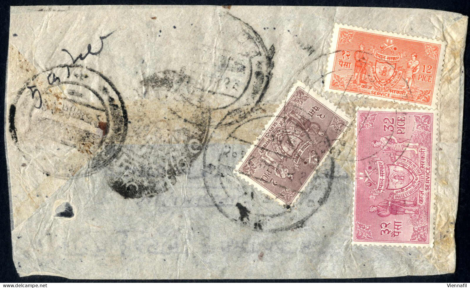 Cover 1959, Drei Dienstbriefe Frankiert Mit Dienst 8 P. + 32 P. + Viererstreifen 1 R. + 1 R. Mit Aufdruck "Kaj Sarkari,  - Nepal