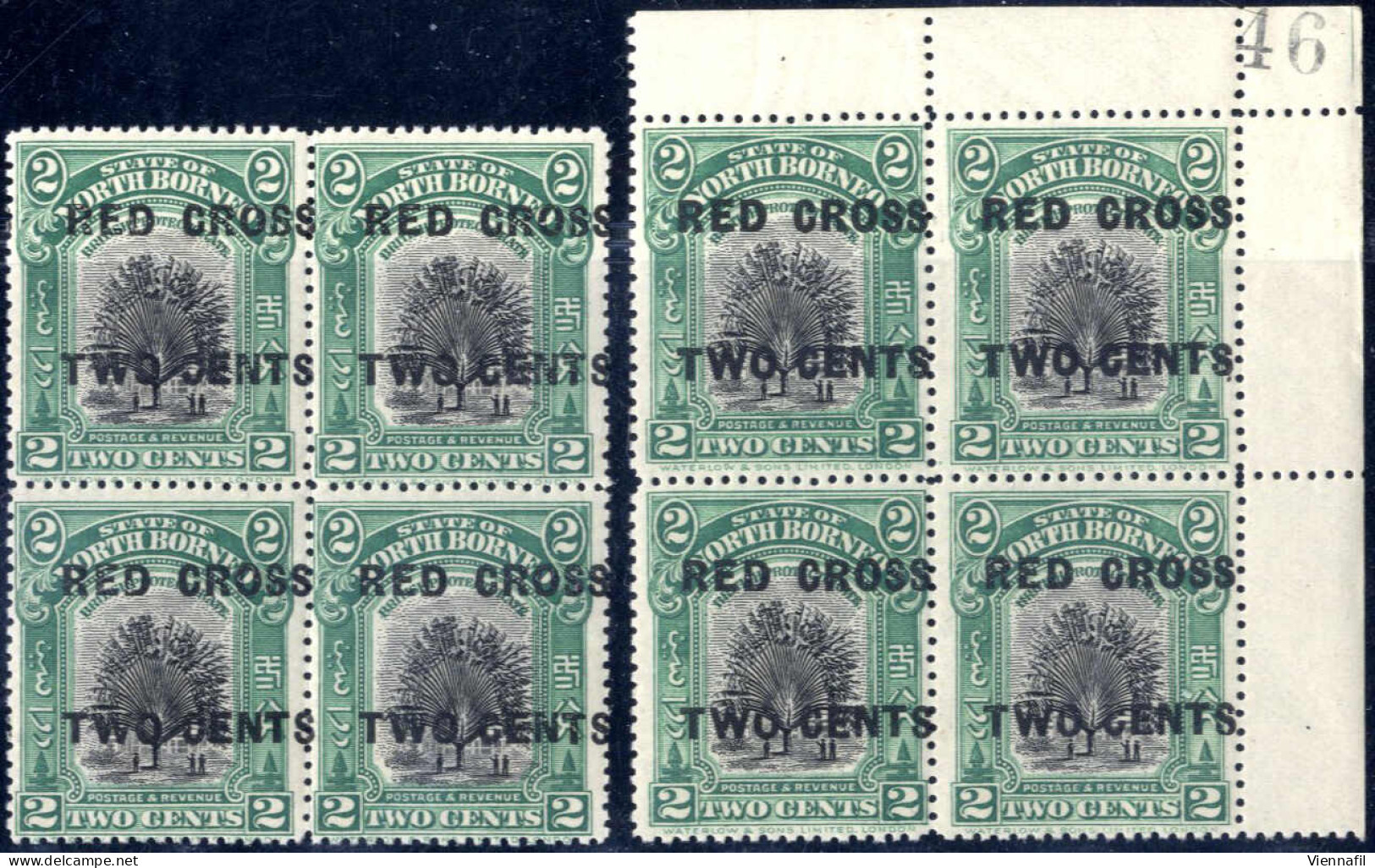 **/bof 1918, Red Cross 2c. + 2 C. Green , Two Blocks Of Four, One With Shifted Surcharge And The Other With Sheet Number - Borneo Del Nord (...-1963)