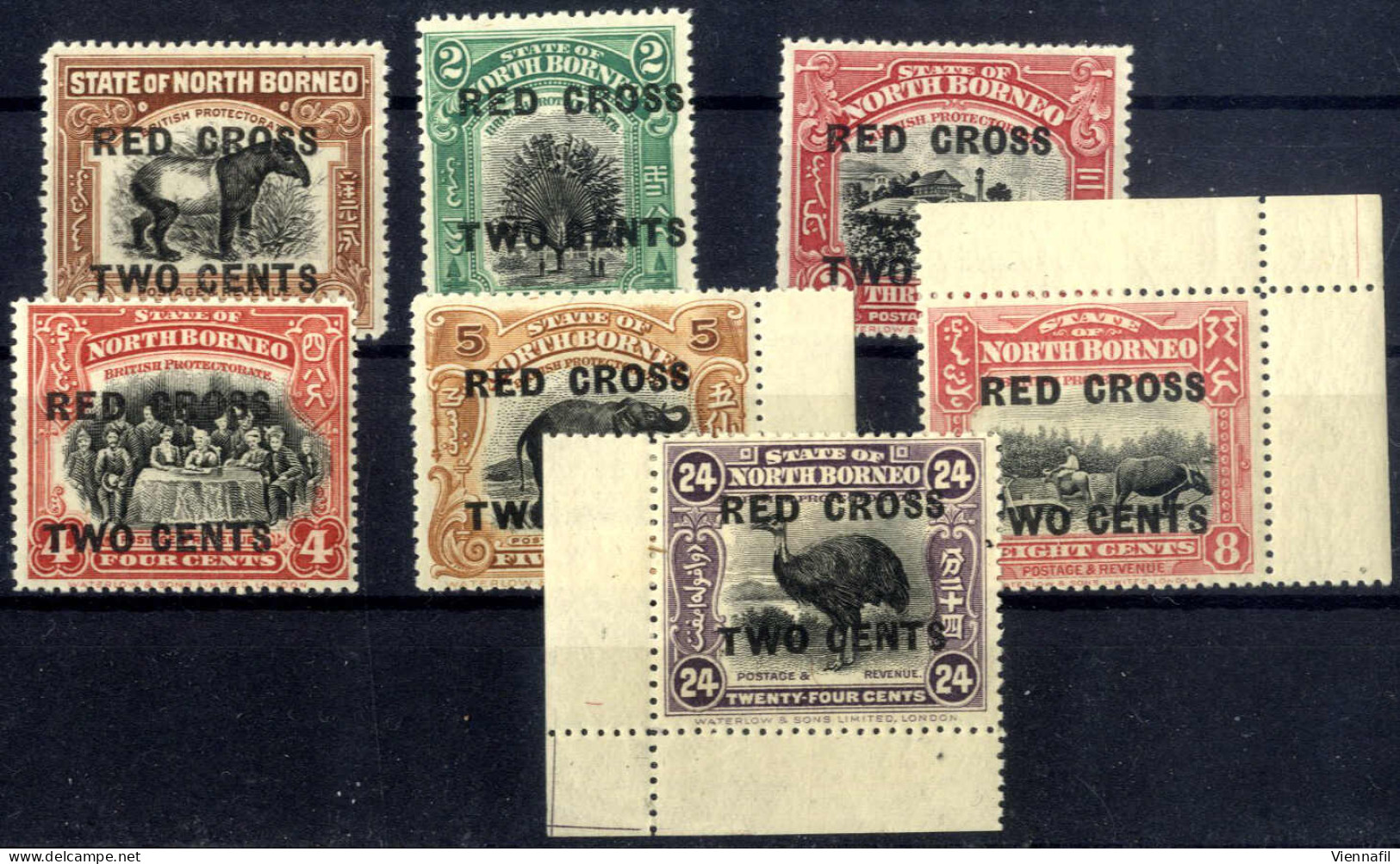 **/bof 1918, Red Cross Overprint On Stamps Of 1909-11, SG No. 214-216, 218, 220, 222 And 226, Each In Single Value And B - Borneo Del Nord (...-1963)