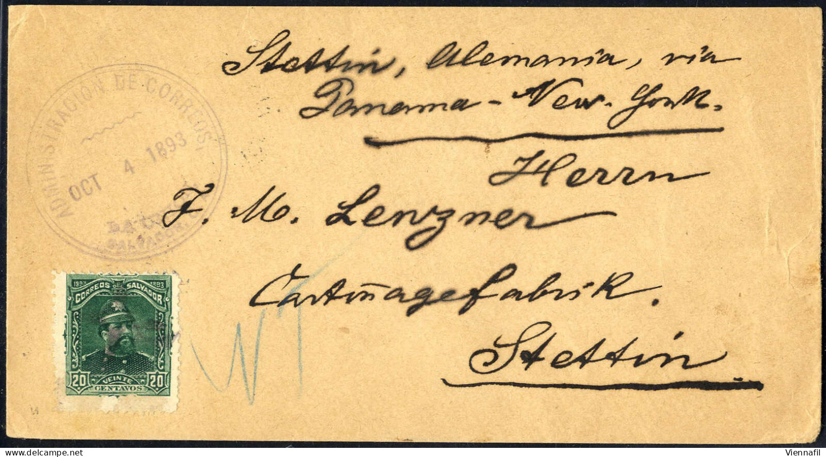 Cover 1893, Brief Von San Miguel Am 4.10. Nach Stettin (Deutschland), Frankiert Mit General Ezeta 20 C Grün, Rückseitig  - Salvador