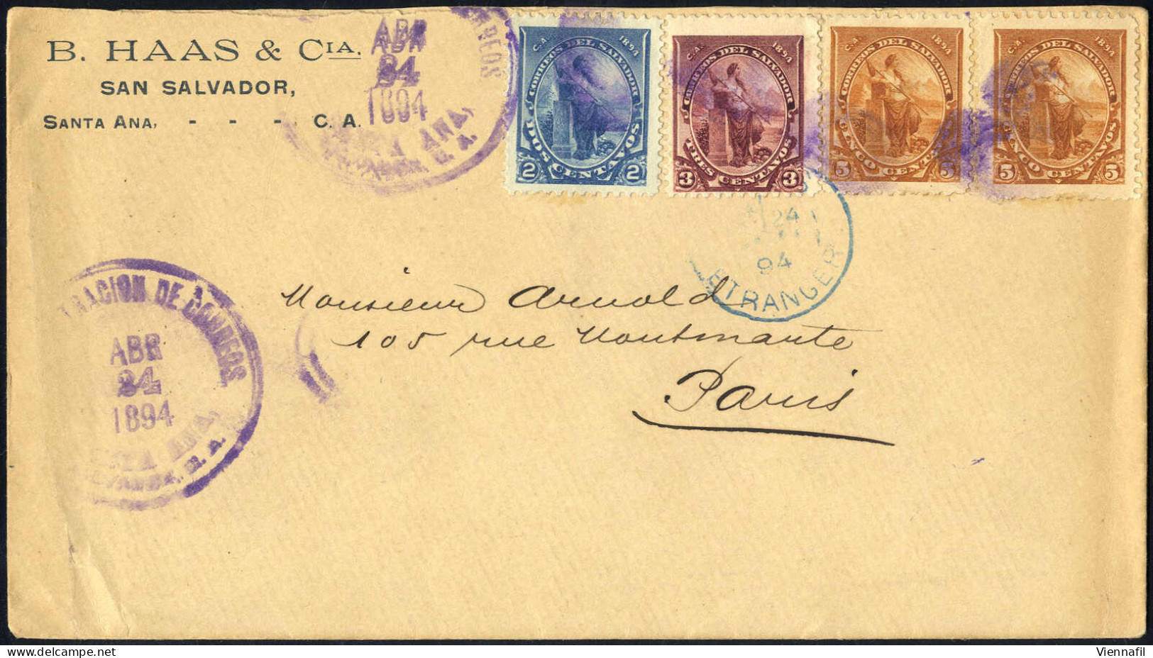 Cover 1894, Brief Vom 24.4. Nach Paris (Frankreich), Frankiert Mit Allegorie 2,3,2x5 C, Mi. 77,78,79 - Salvador
