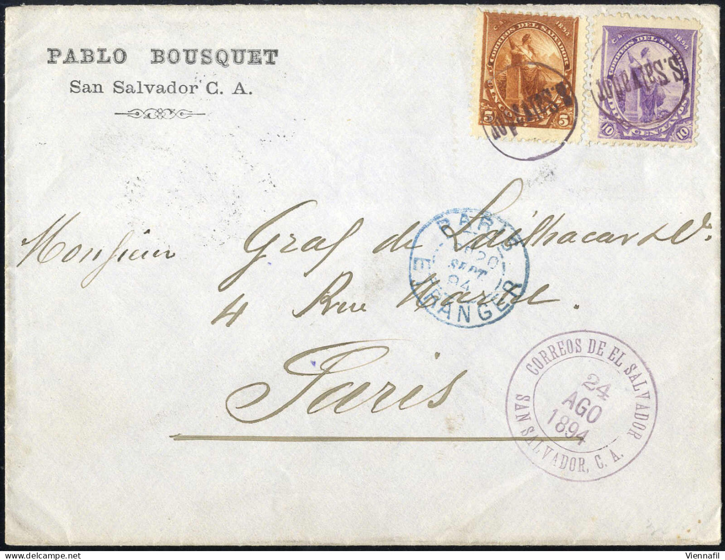 Cover 1894, Brief Vom 24.8. Nach Paris (Frankreich), Frankiert Mit Allegorie 5 + 10 C, Mi. 79,80 - El Salvador