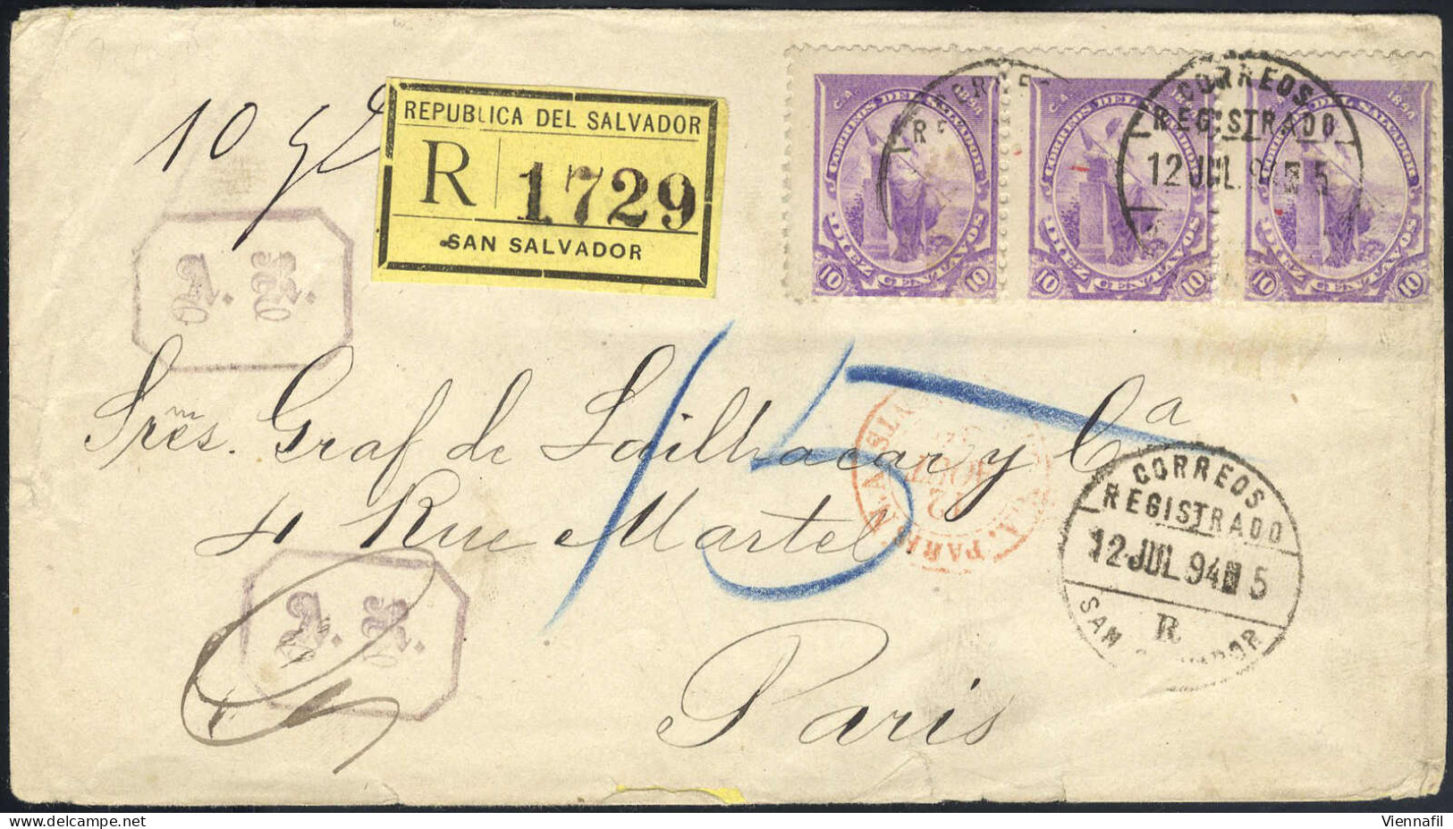 Cover 1894, Eingeschriebener Brief Vom 12.7. Nach Paris (Frankreich), Frankiert Allegorie Dreierstreifen 10 C Violett, M - El Salvador