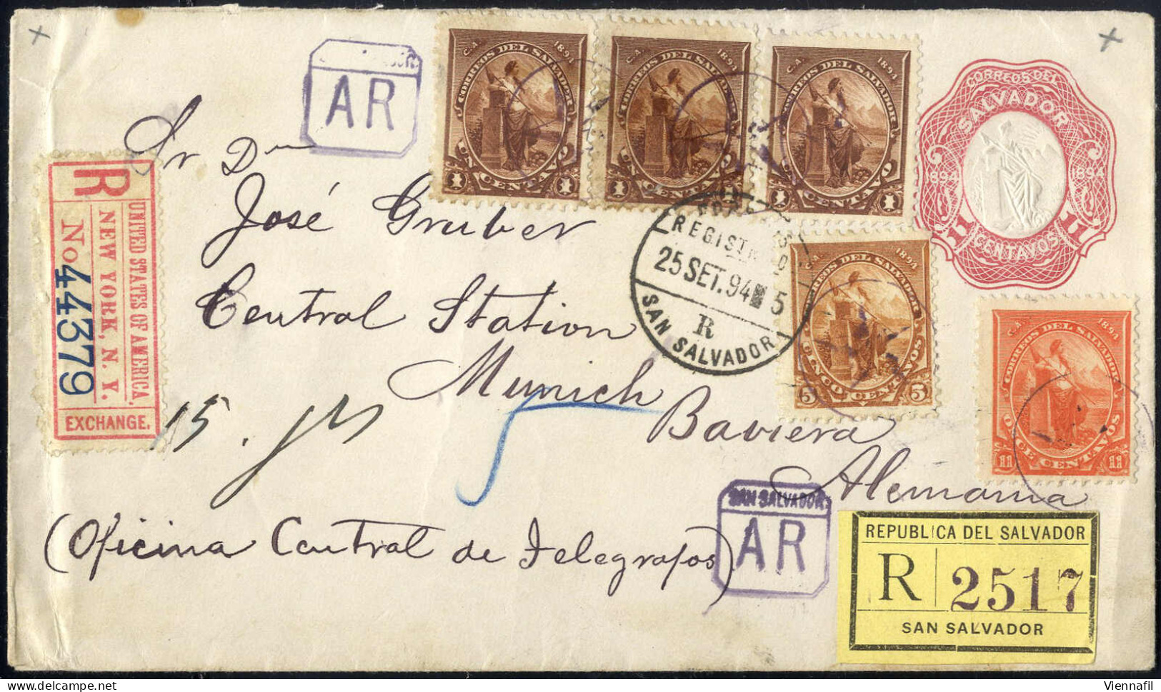 Cover 1894, Eingeschriebener Ganzsachen-Brief 11 C Vom 25.9. Nach München (Deutschland), Zusatzfrankatur Allegorie 3x1,  - Salvador