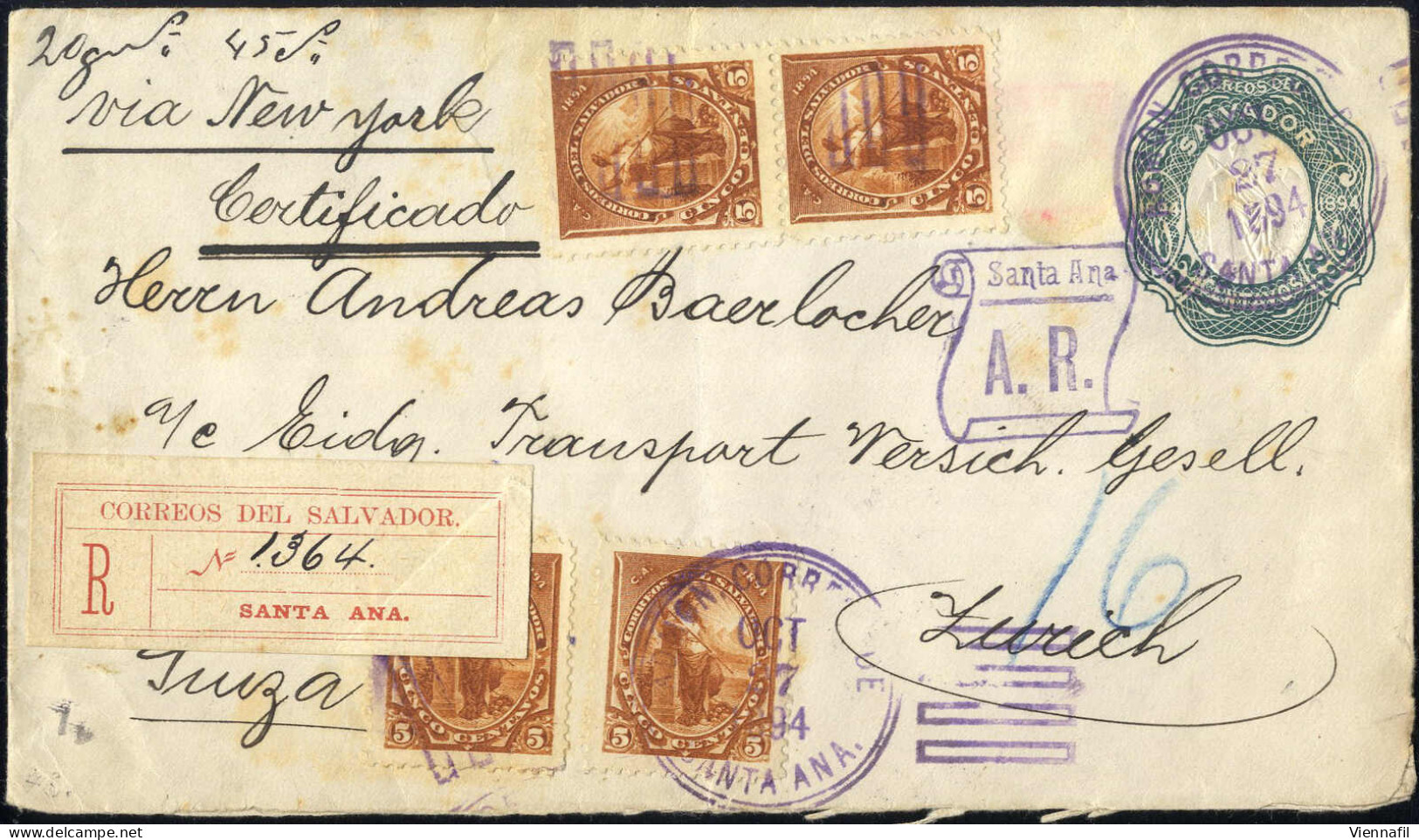 Cover 1894, Eingeschriebener Ganzsachen-Brief 22 C Vom 27.10. Nach Zürich (Schweiz), Zusatzfrankatur Allegorie Paar + Dr - El Salvador