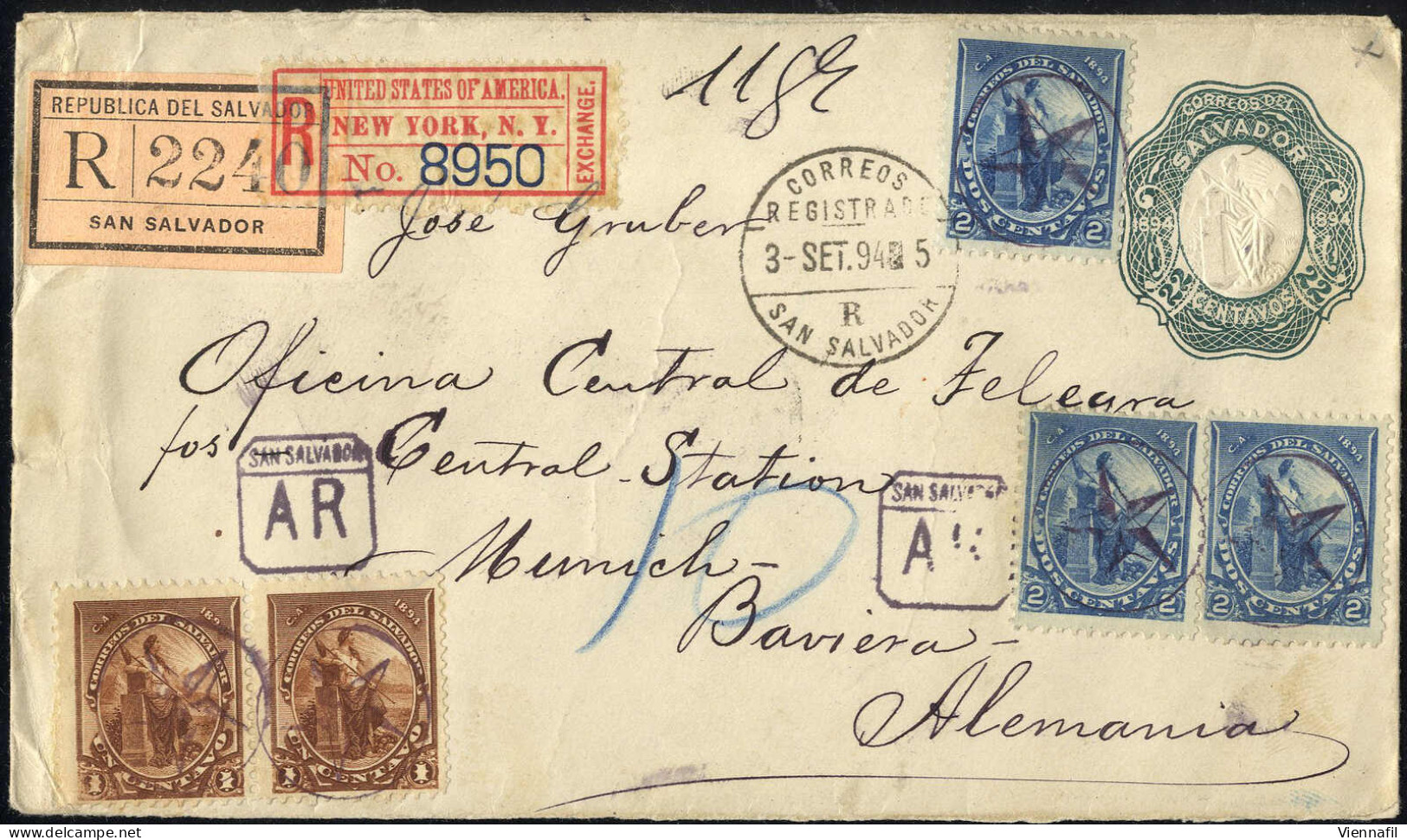 Cover 1894, Eingeschriebener Ganzsachen-Brief 22 C Vom 3.9. Nach München (Deutschland), Zusatzfrankatur Allegorie Paar 1 - Salvador