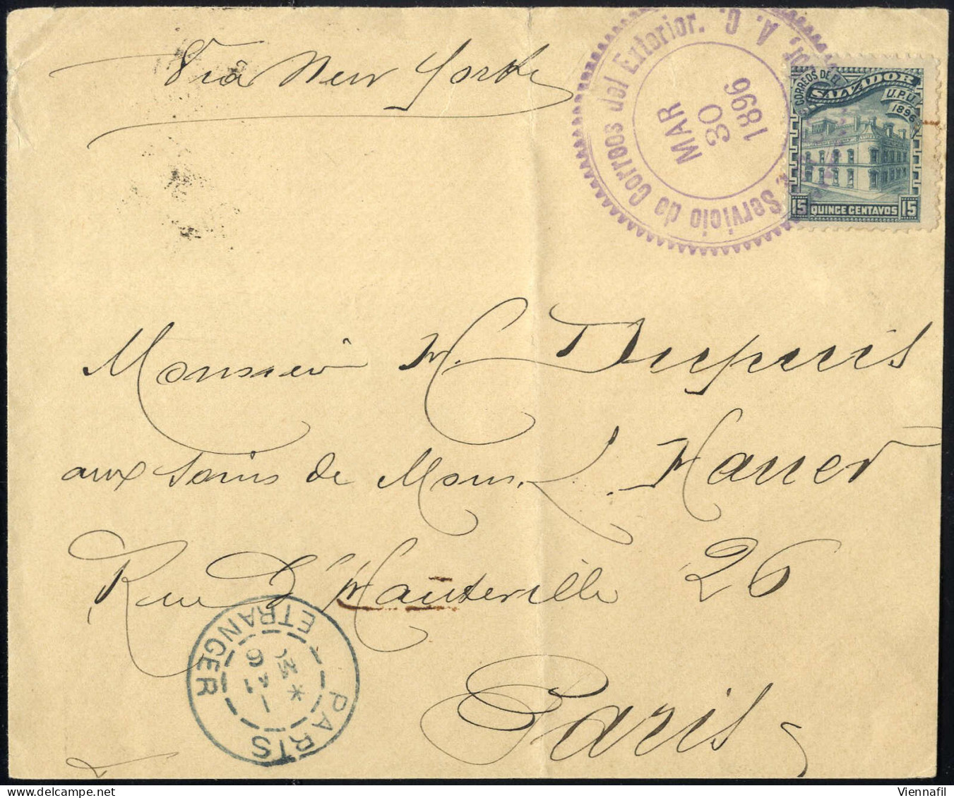 Cover 1896, Brief Vom 30.3. Nach Paris (Frankreich), Frankiert Mit UPU 15 C Blaugrün, Mi. 147 - Salvador