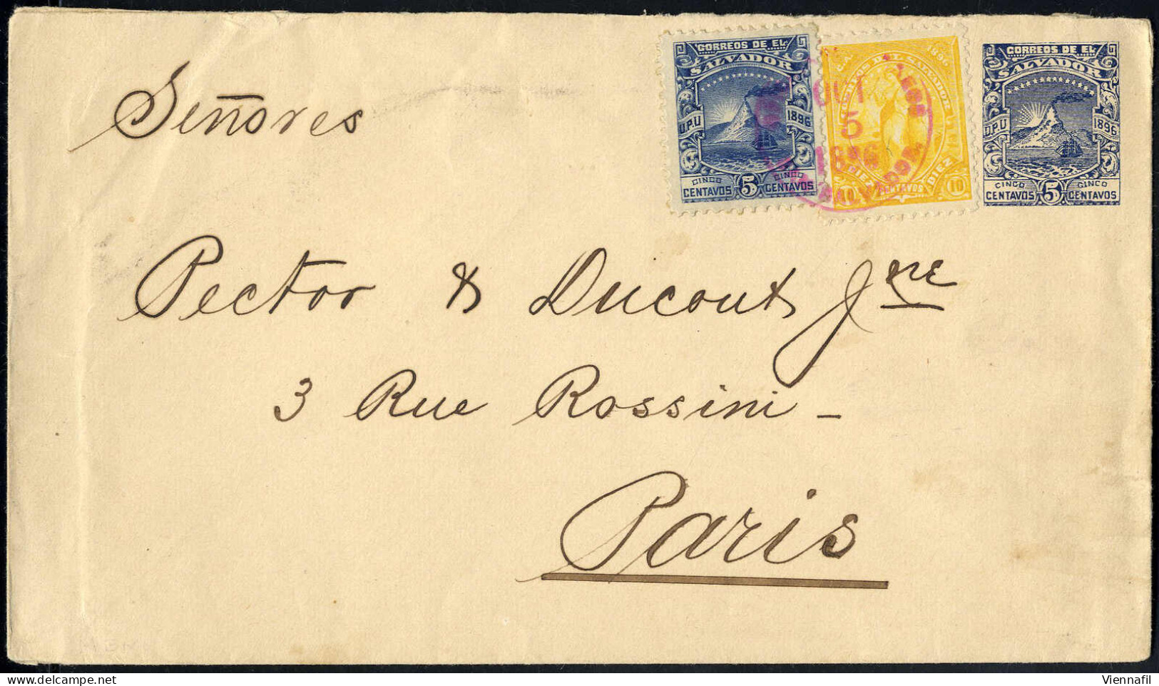 Cover 1896, Ganzsachen-Brief über 5 C (Vulkan) Von San Salvador Am 5.10. Nach Paris (Frankreich), Frankiert Mit Allegori - Salvador