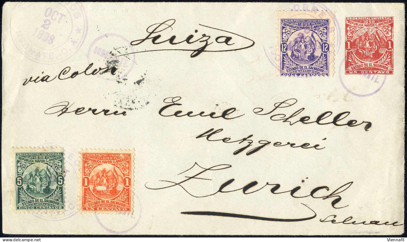 Cover 1898, Ganzsachen-Brief über 1 C (Allegorie) Von Sonsonate Am 2.10. Nach Zürich (Schweiz), Frankiert Mit Allegorie  - El Salvador